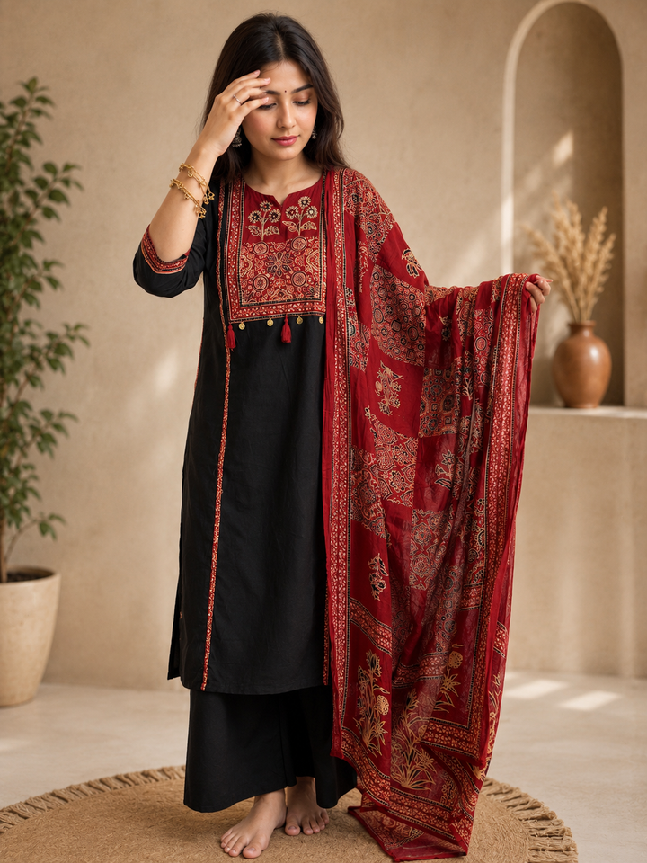 Midnight Grace Suit Set with Gracefully Printed Dupatta