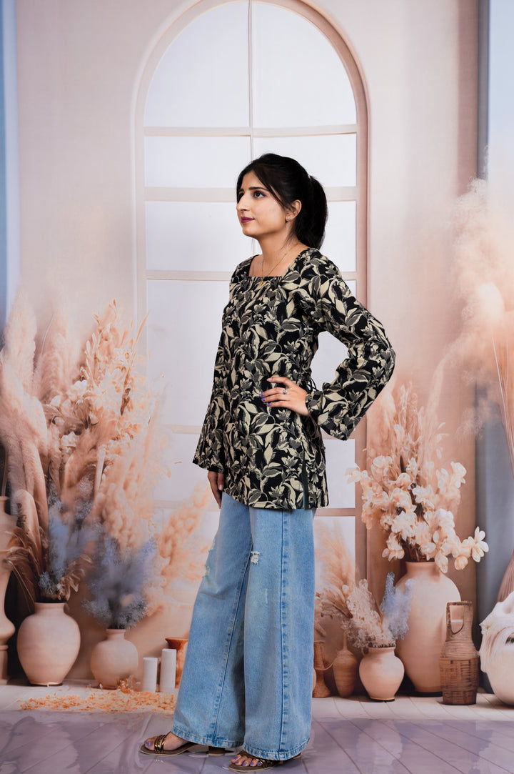 Black Olive Floral Printed Pure Cotton Short Kurti