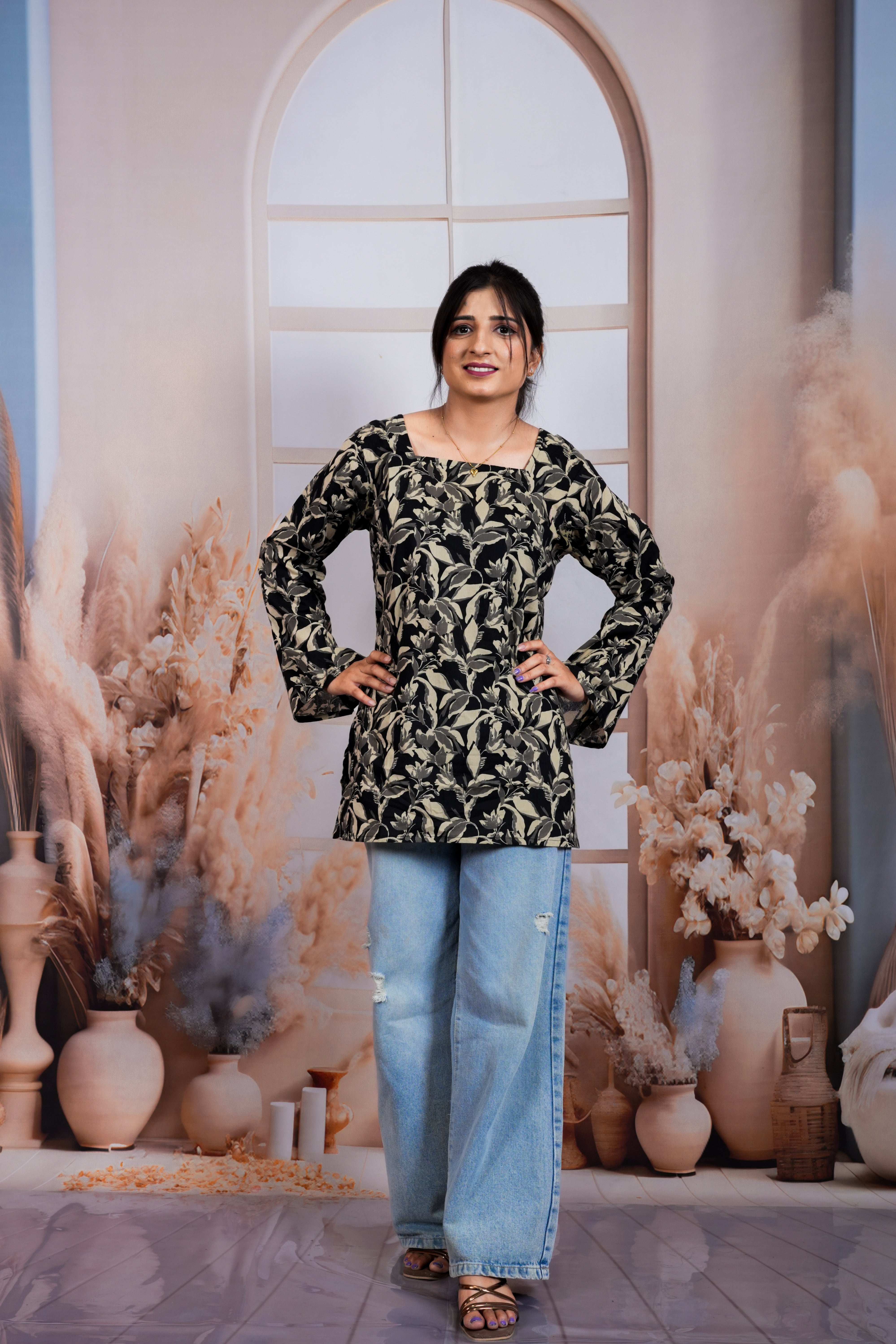 Black Olive Floral Printed Pure Cotton Short Kurti