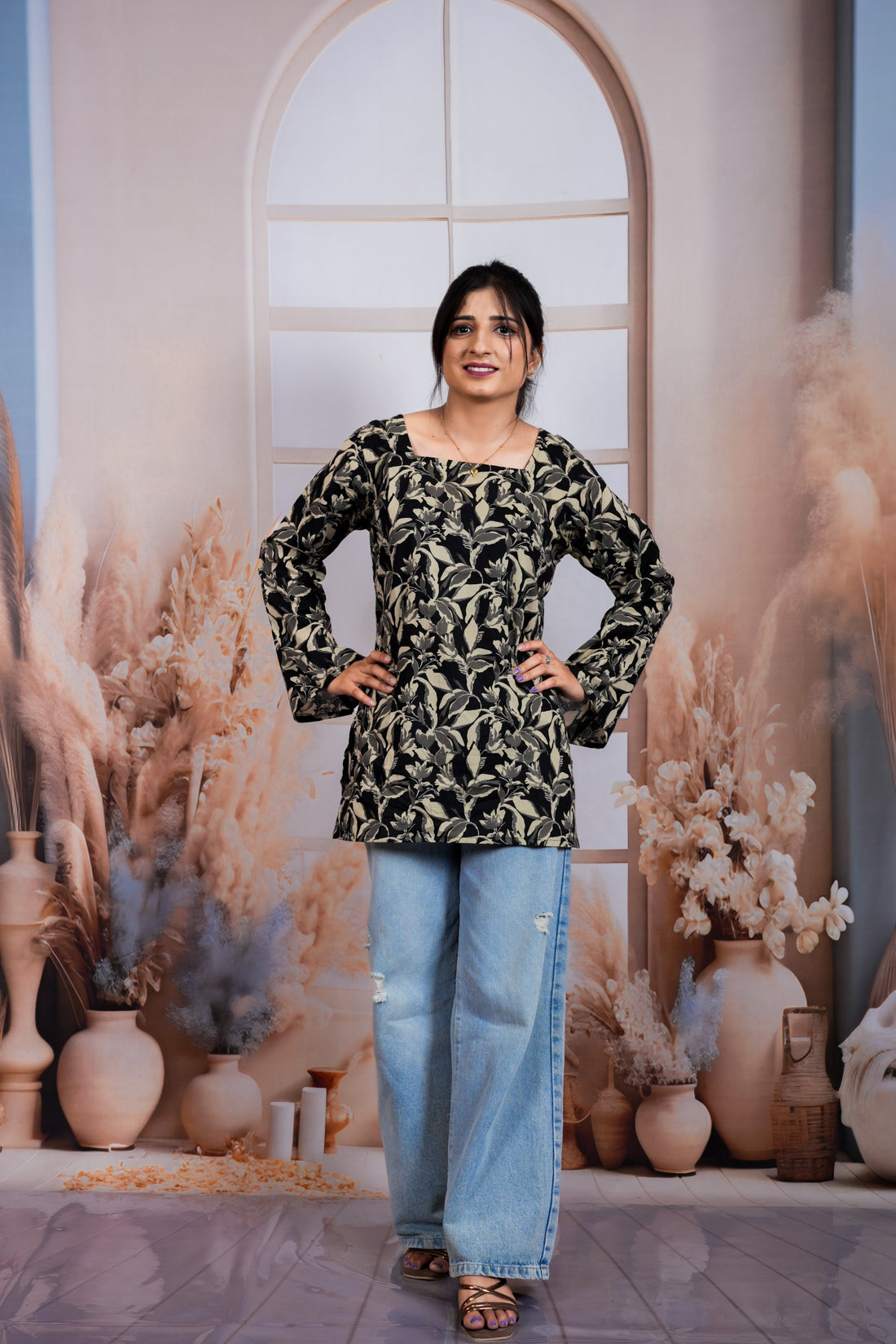 Black Olive Floral Printed Pure Cotton Short Kurti