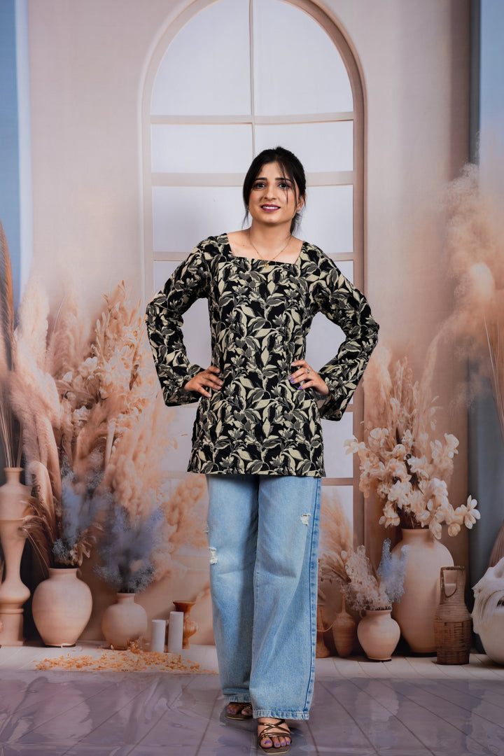 Black Olive Floral Printed Pure Cotton Short Kurti