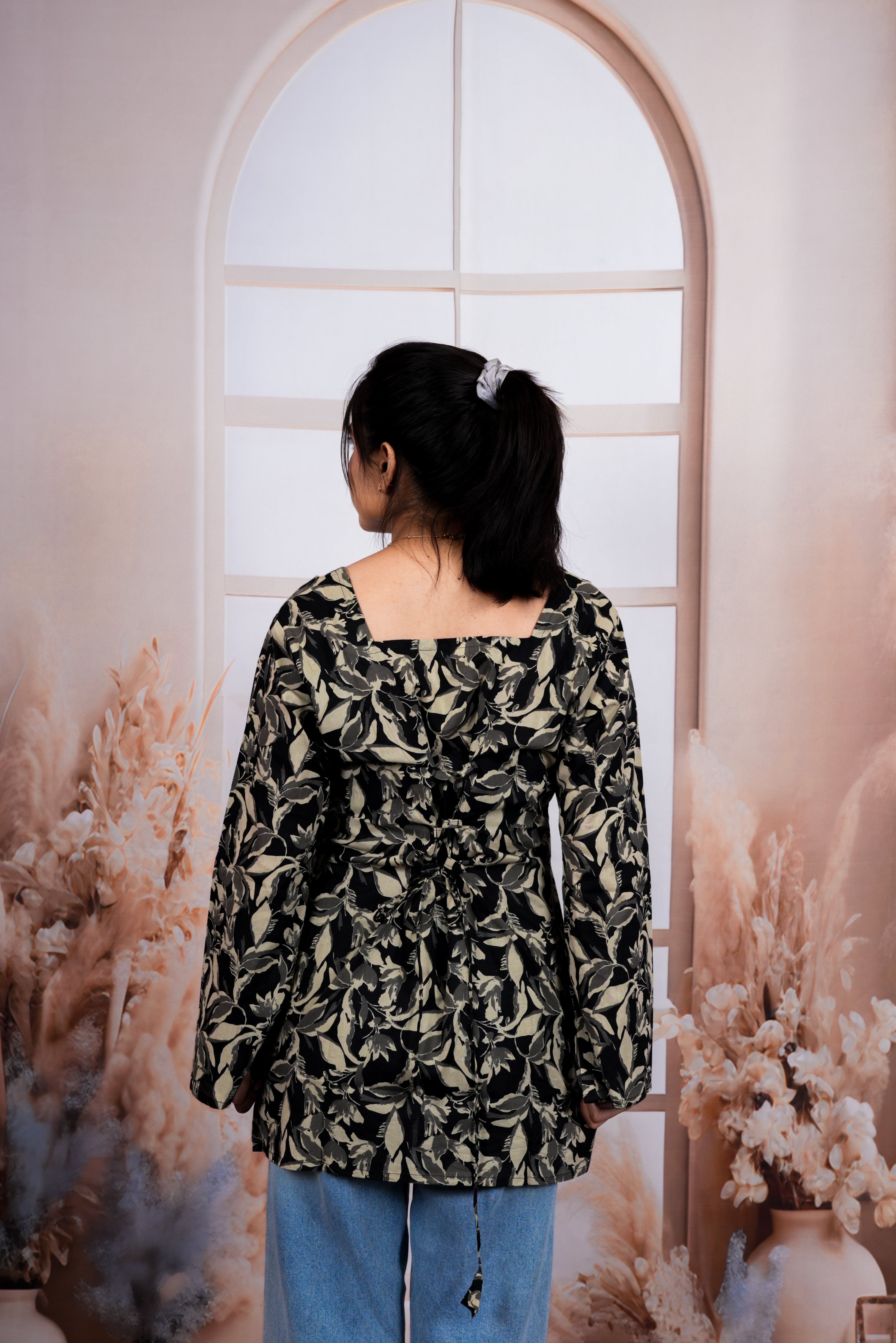 Black Olive Floral Printed Pure Cotton Short Kurti