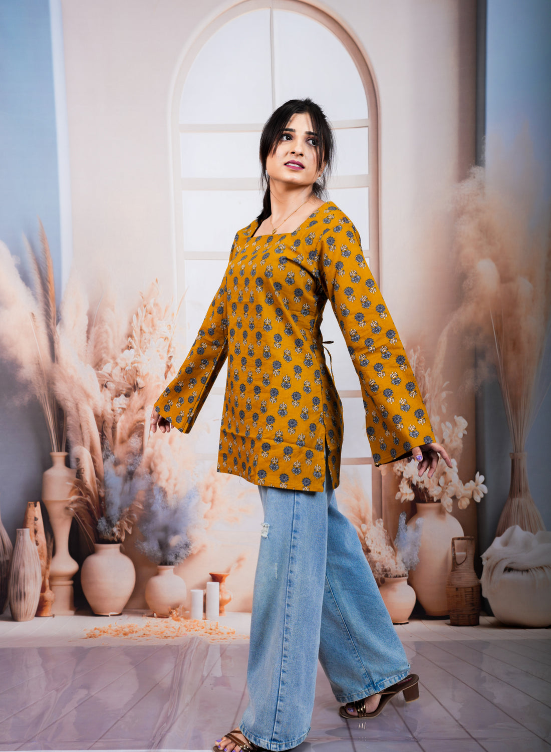 Mustard Yellow Floral Printed Pure Cotton Short Kurti