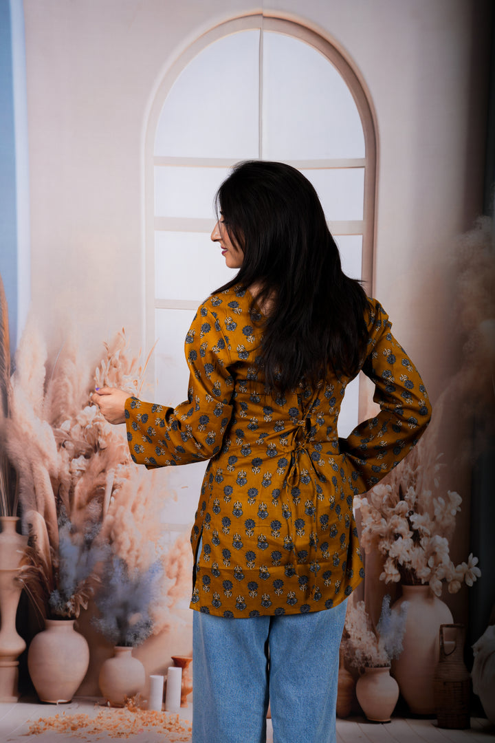 Mustard Yellow Floral Printed Pure Cotton Short Kurti