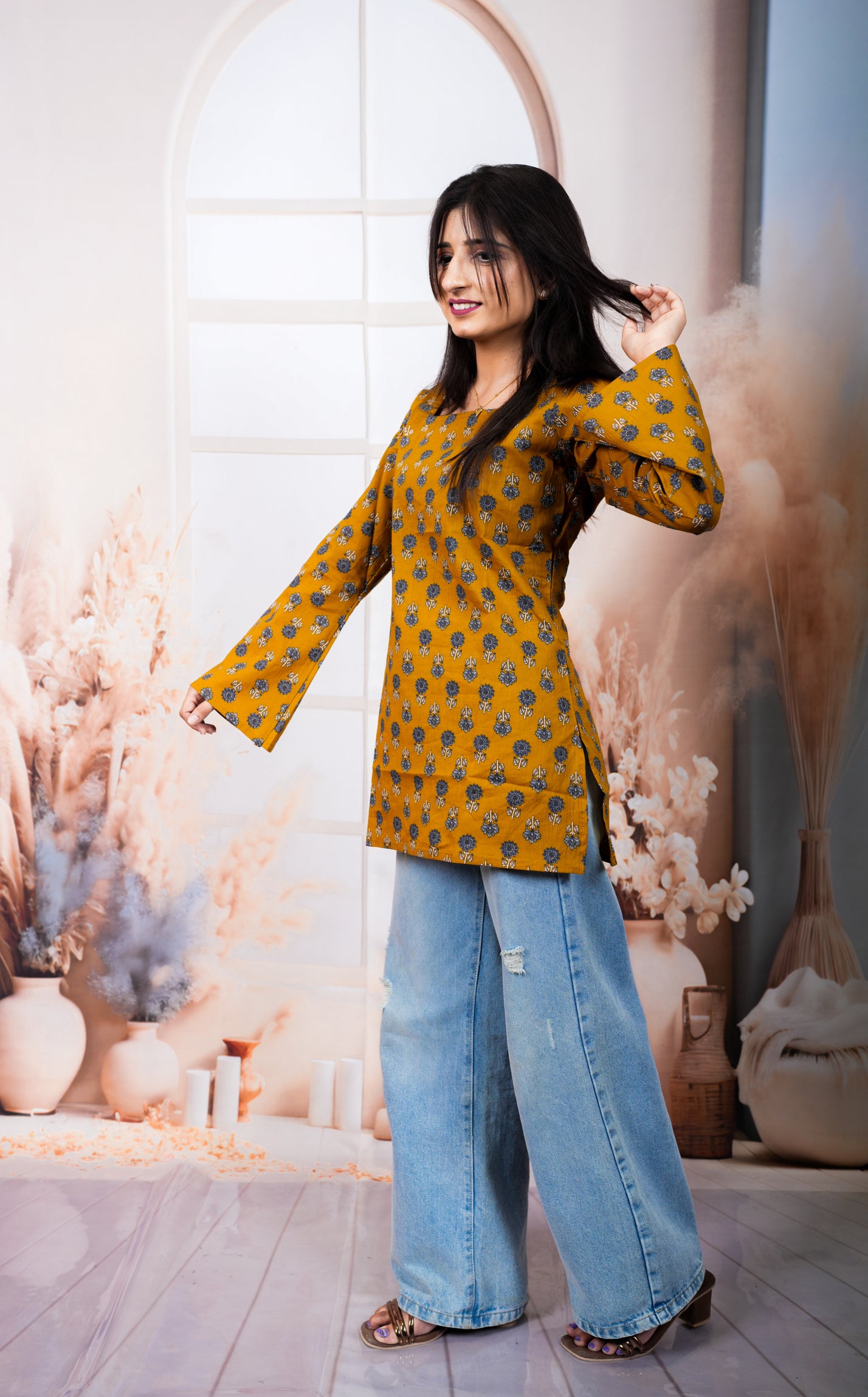 Mustard Yellow Floral Printed Pure Cotton Short Kurti