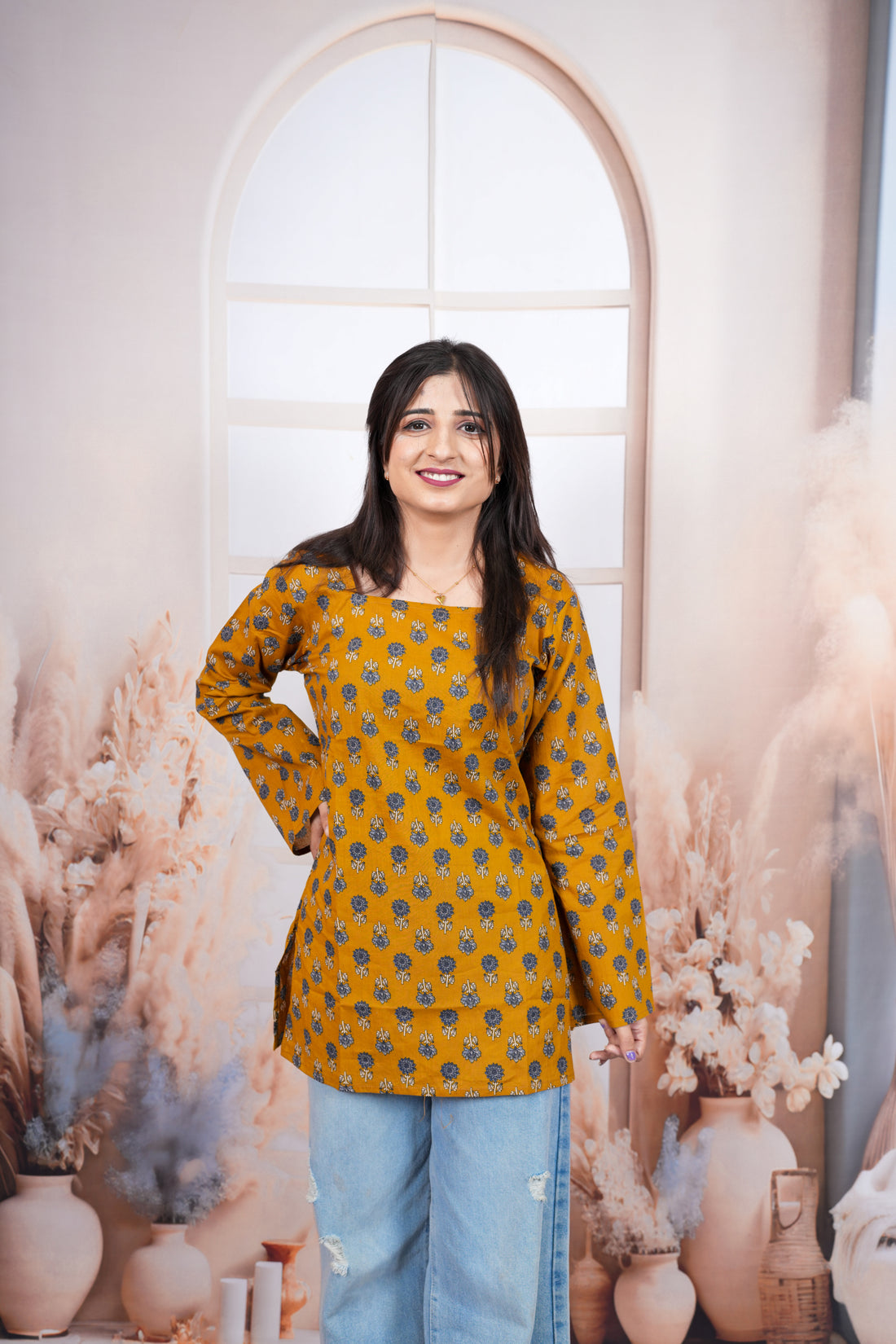Mustard Yellow Floral Printed Pure Cotton Short Kurti