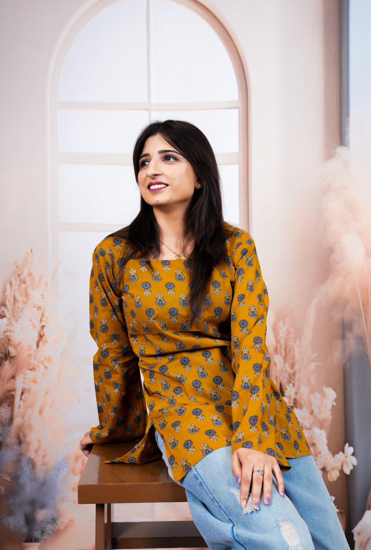 Mustard Yellow Floral Printed Pure Cotton Short Kurti