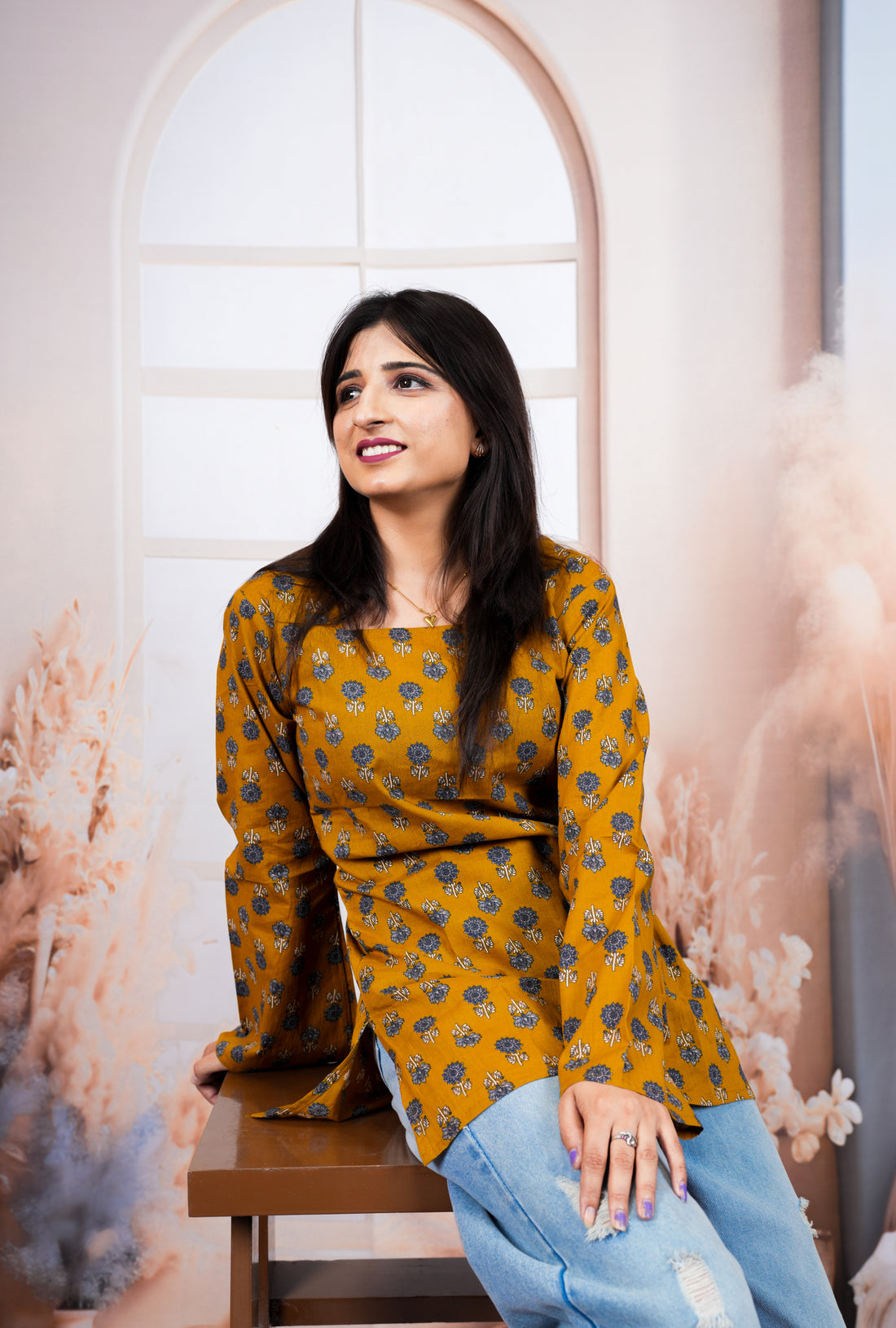 Mustard Yellow Floral Printed Pure Cotton Short Kurti
