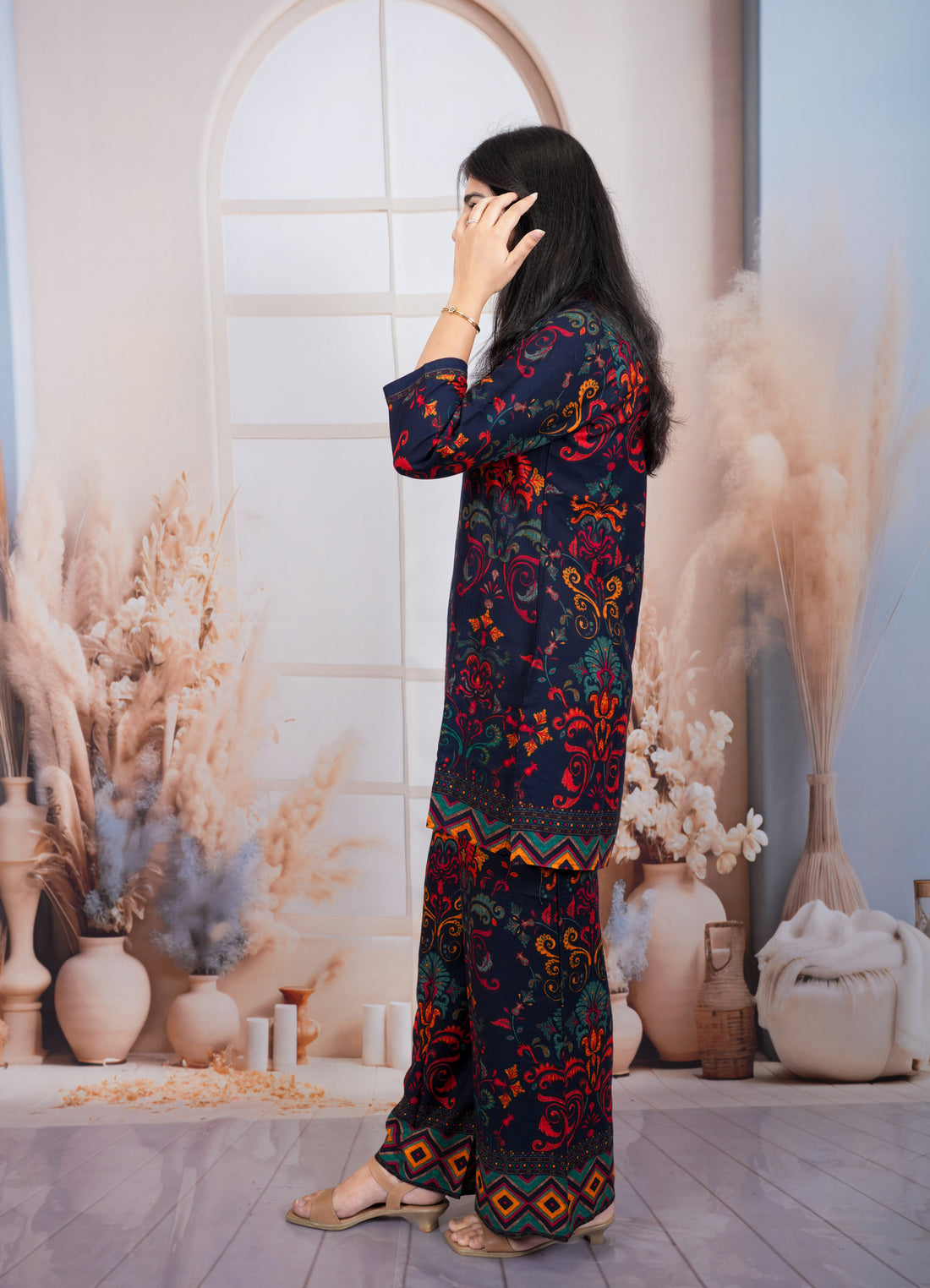 Navy Blue Premium Regal Flora Print Cotton Silk Co-Ord Set