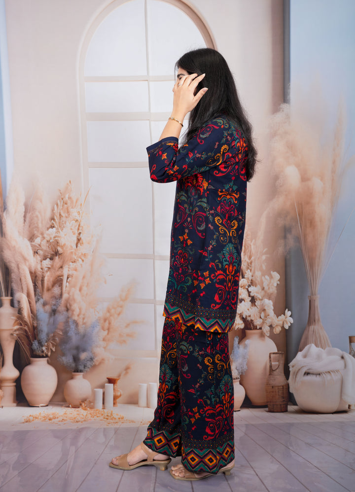 Navy Blue Premium Regal Flora Print Cotton Silk Co-Ord Set