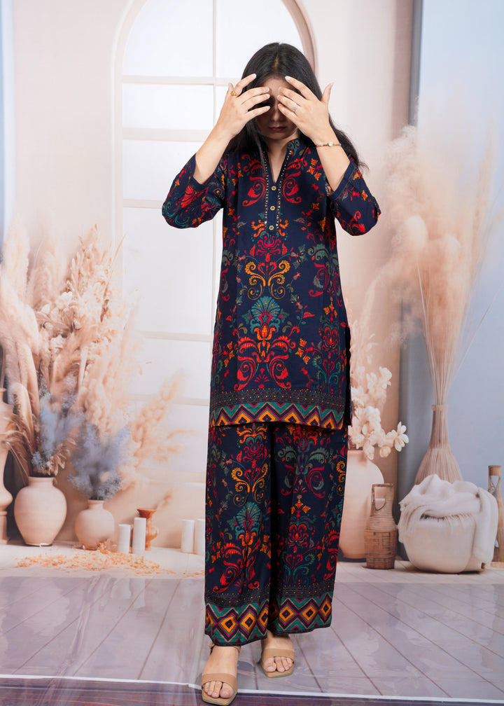 Navy Blue Premium Regal Flora Print Cotton Silk Co-Ord Set