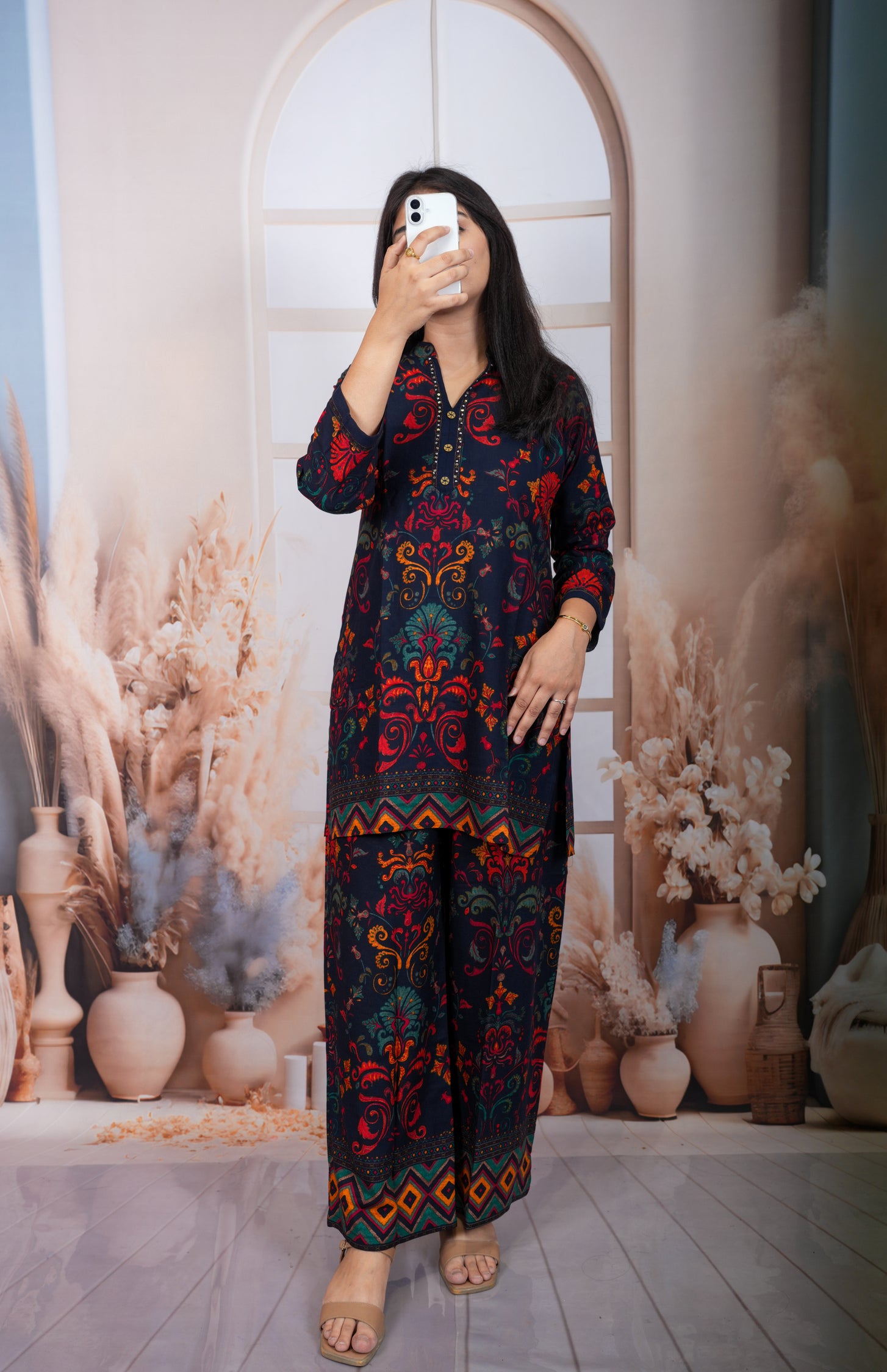 Navy Blue Premium Regal Flora Print Cotton Silk Co-Ord Set