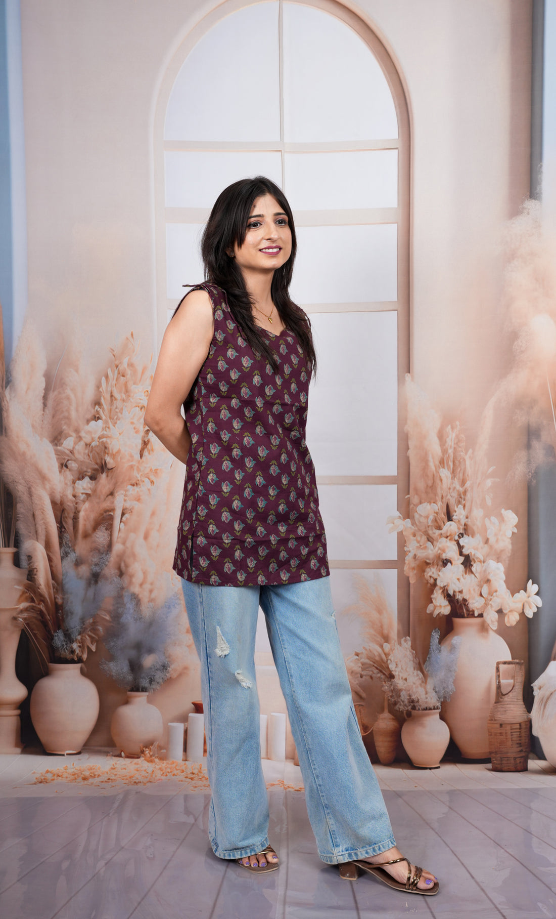 Pastel Wine Floral Printed Pure Cotton Short Kurti