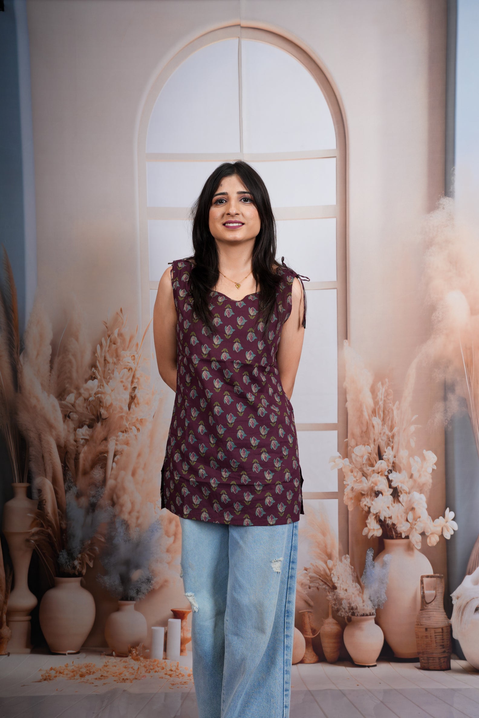 Pastel Wine Floral Printed Pure Cotton Short Kurti