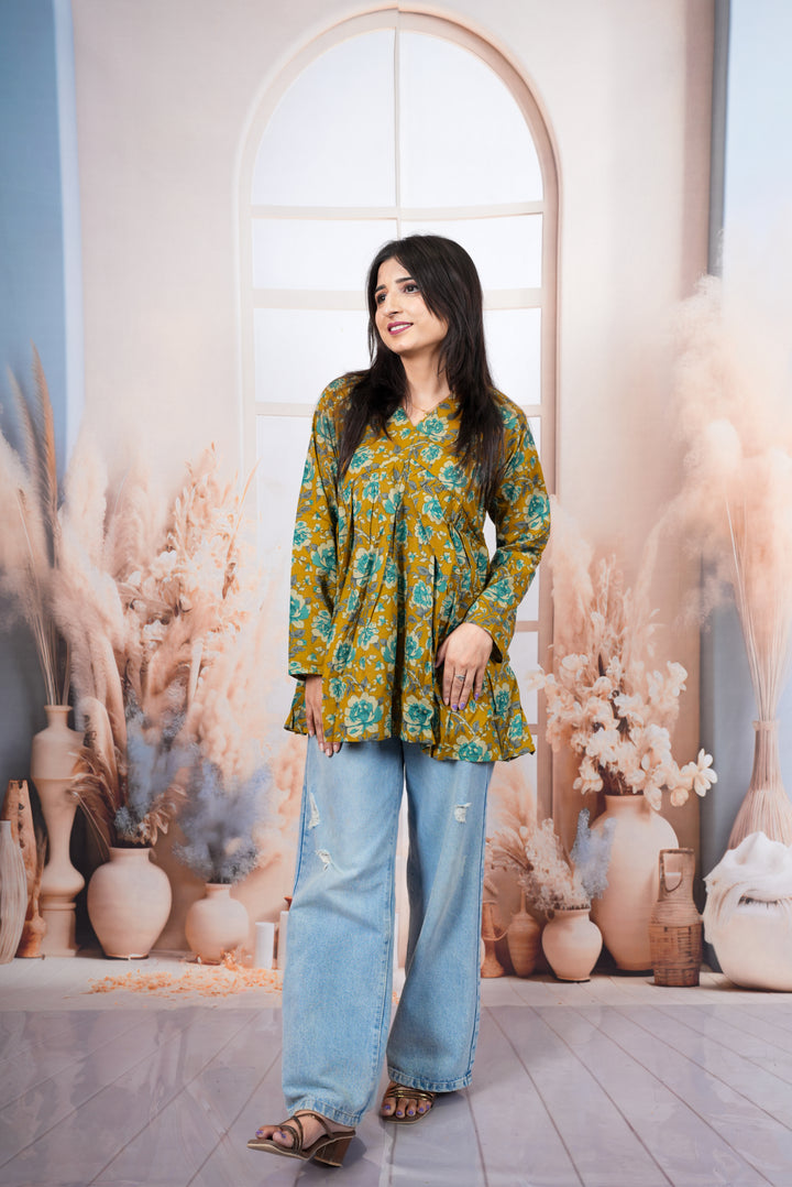 Mustard Floral Printed Pure Cotton Short Kurti