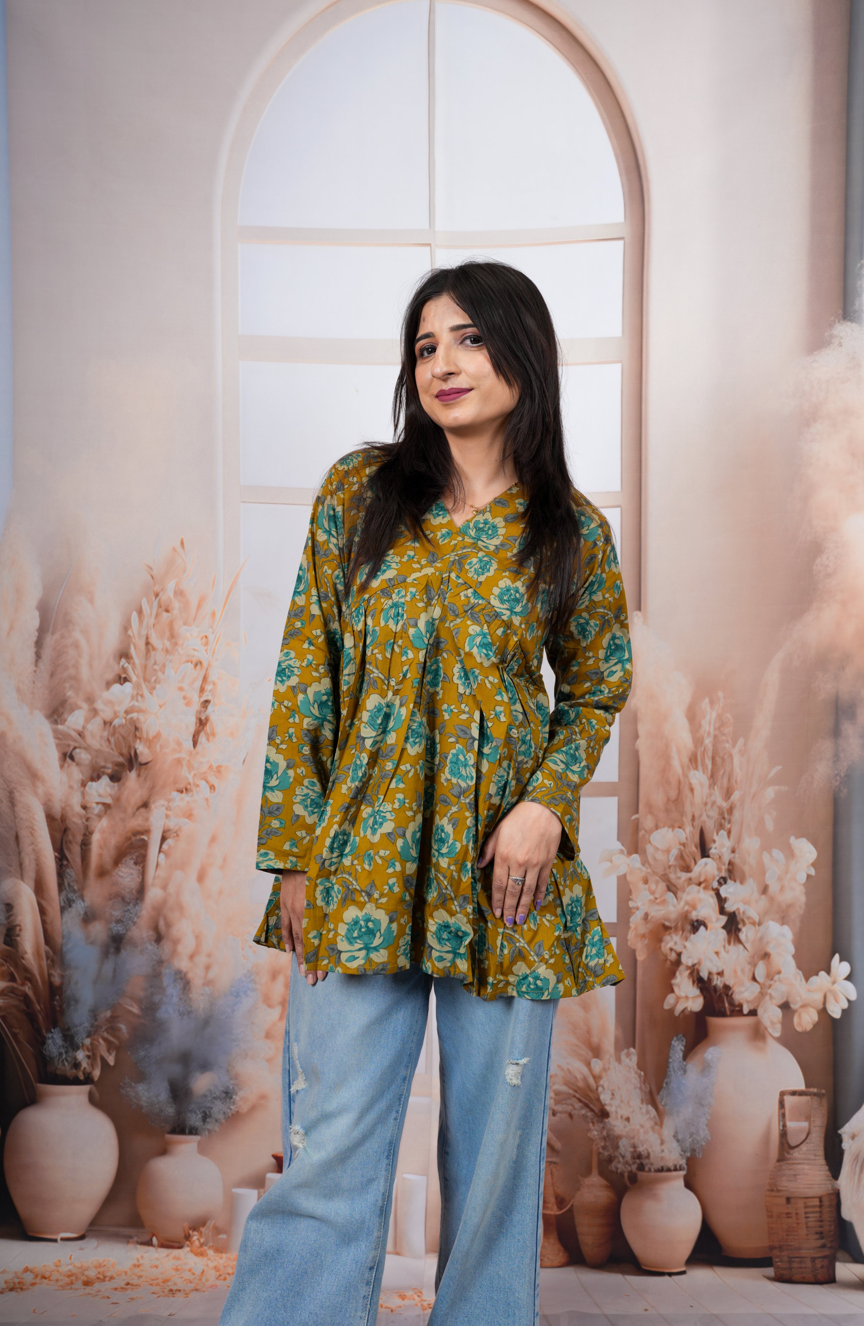 Mustard Floral Printed Pure Cotton Short Kurti