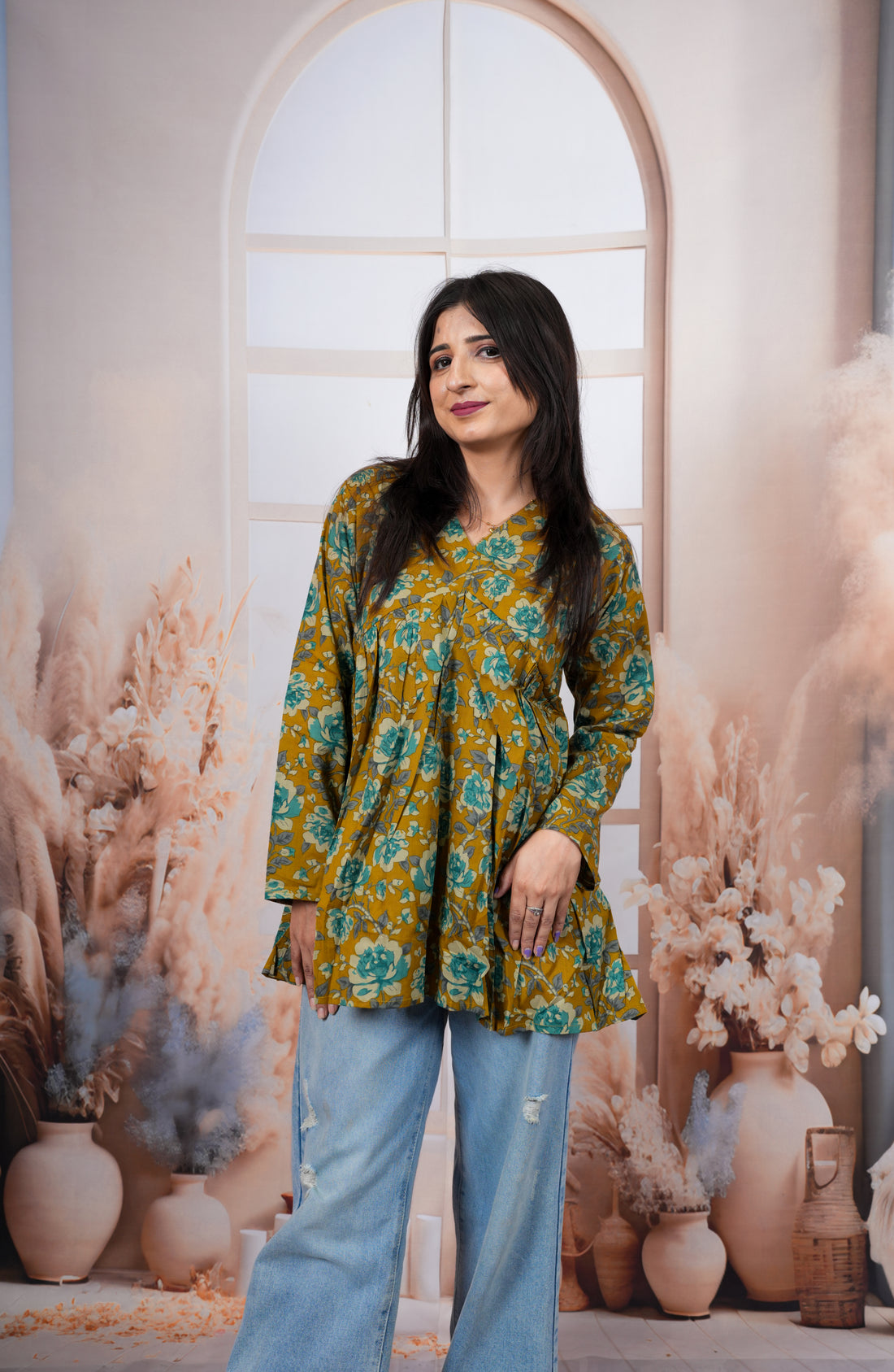 Mustard Floral Printed Pure Cotton Short Kurti