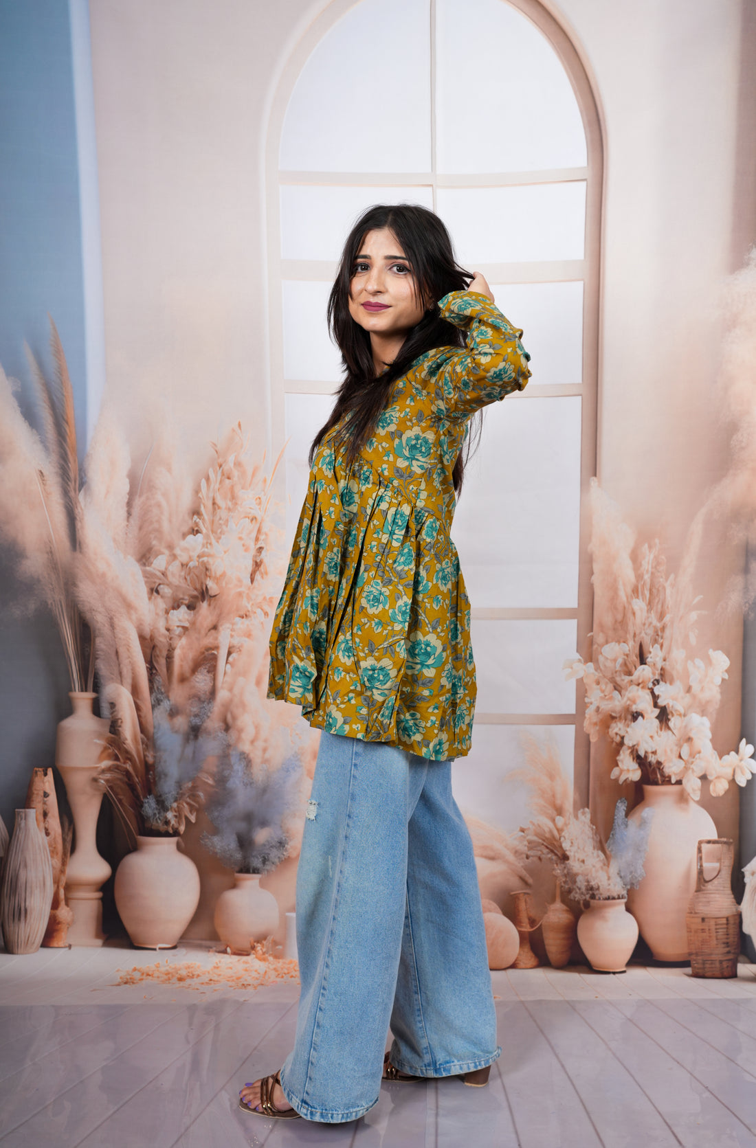 Mustard Floral Printed Pure Cotton Short Kurti