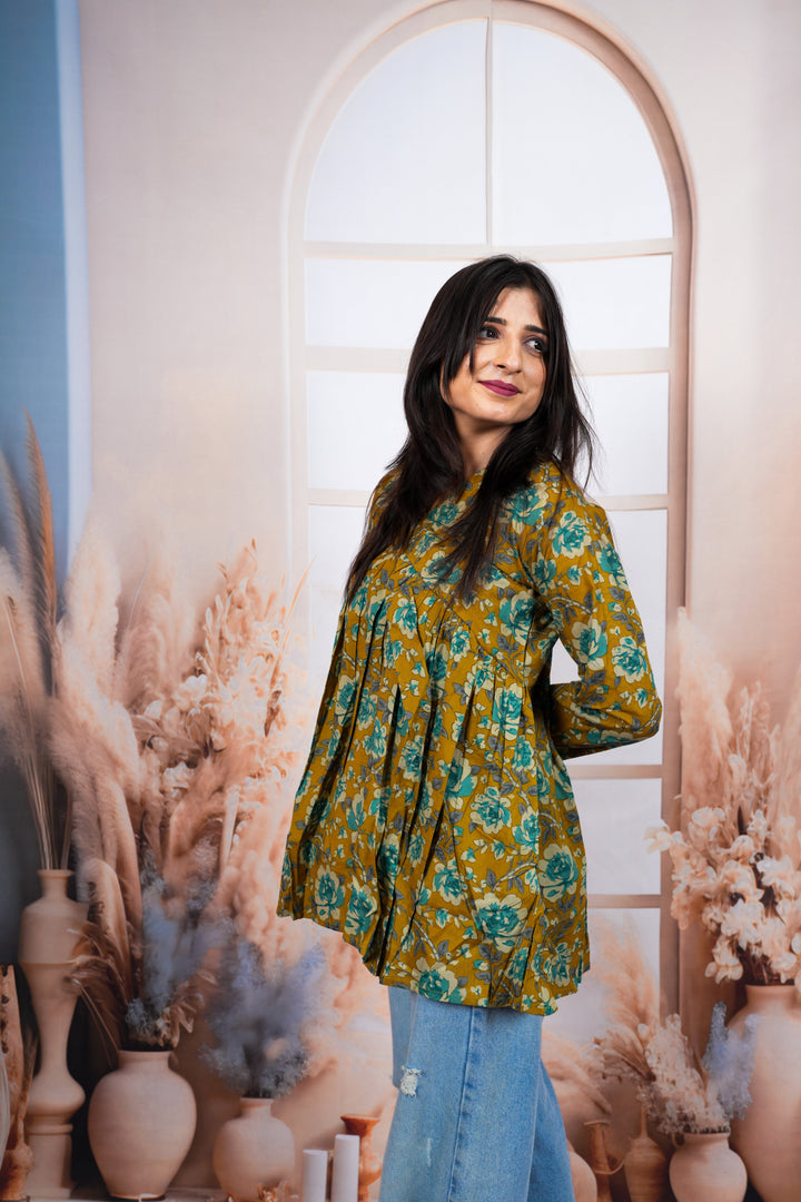 Mustard Floral Printed Pure Cotton Short Kurti