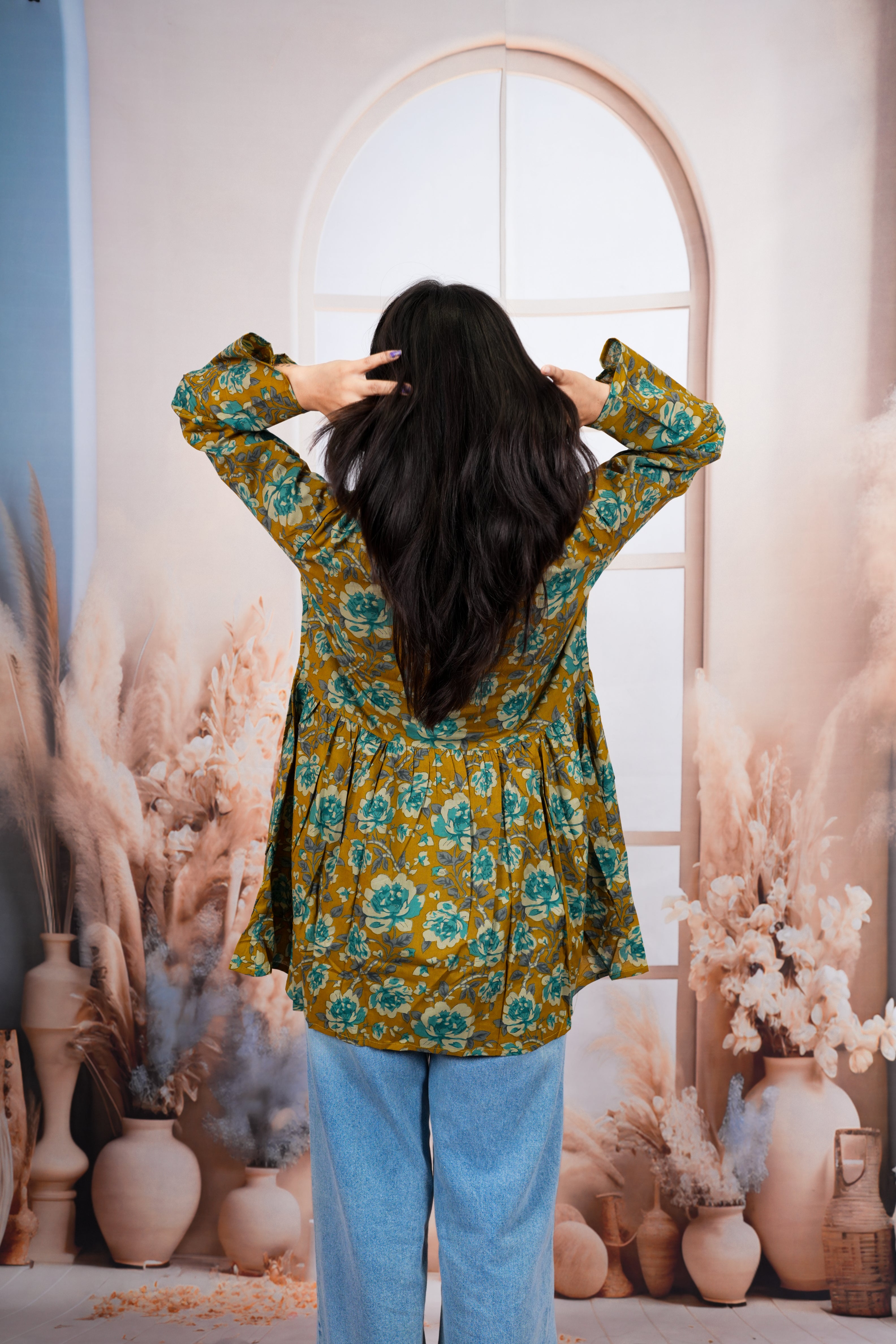 Mustard Floral Printed Pure Cotton Short Kurti