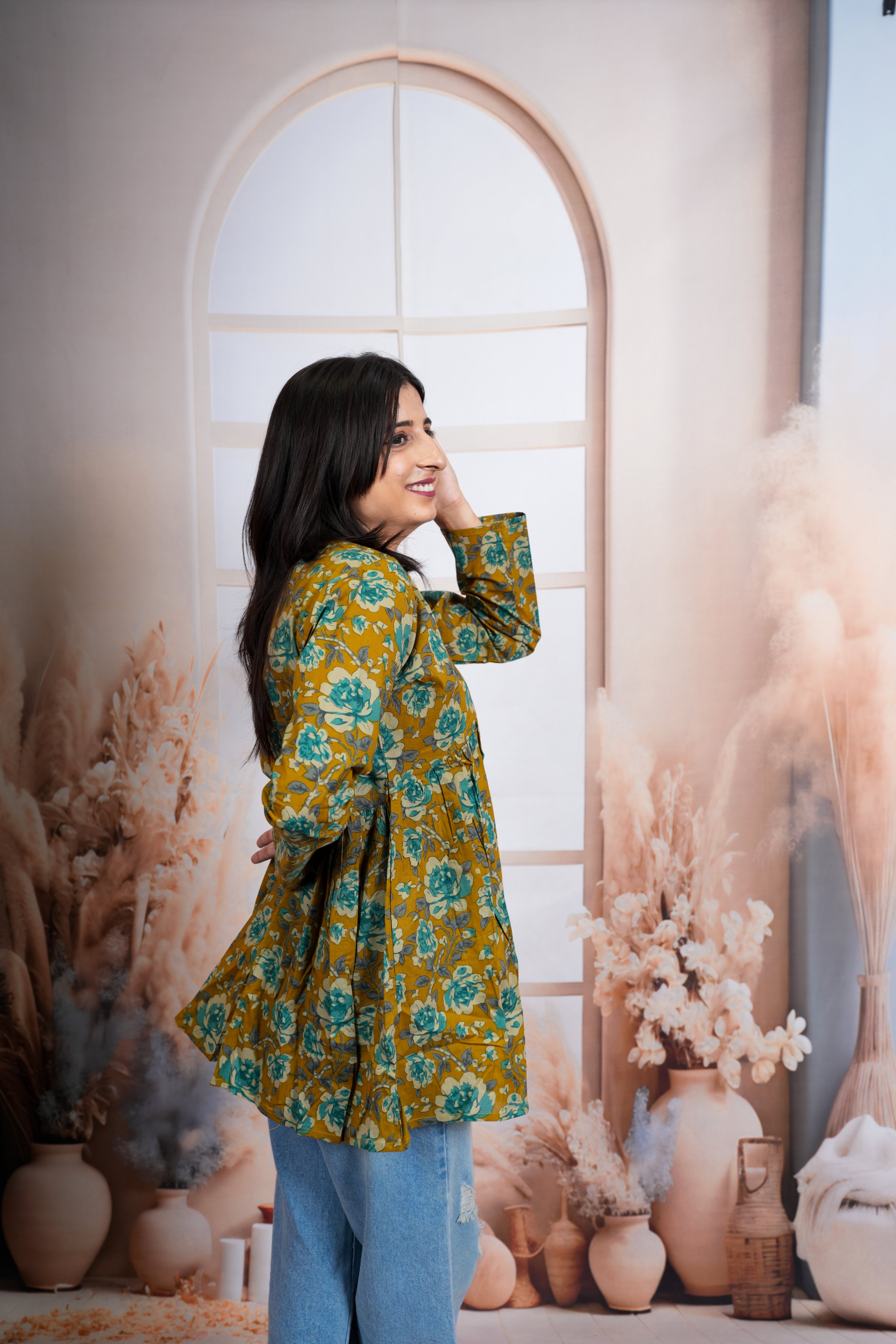 Mustard Floral Printed Pure Cotton Short Kurti