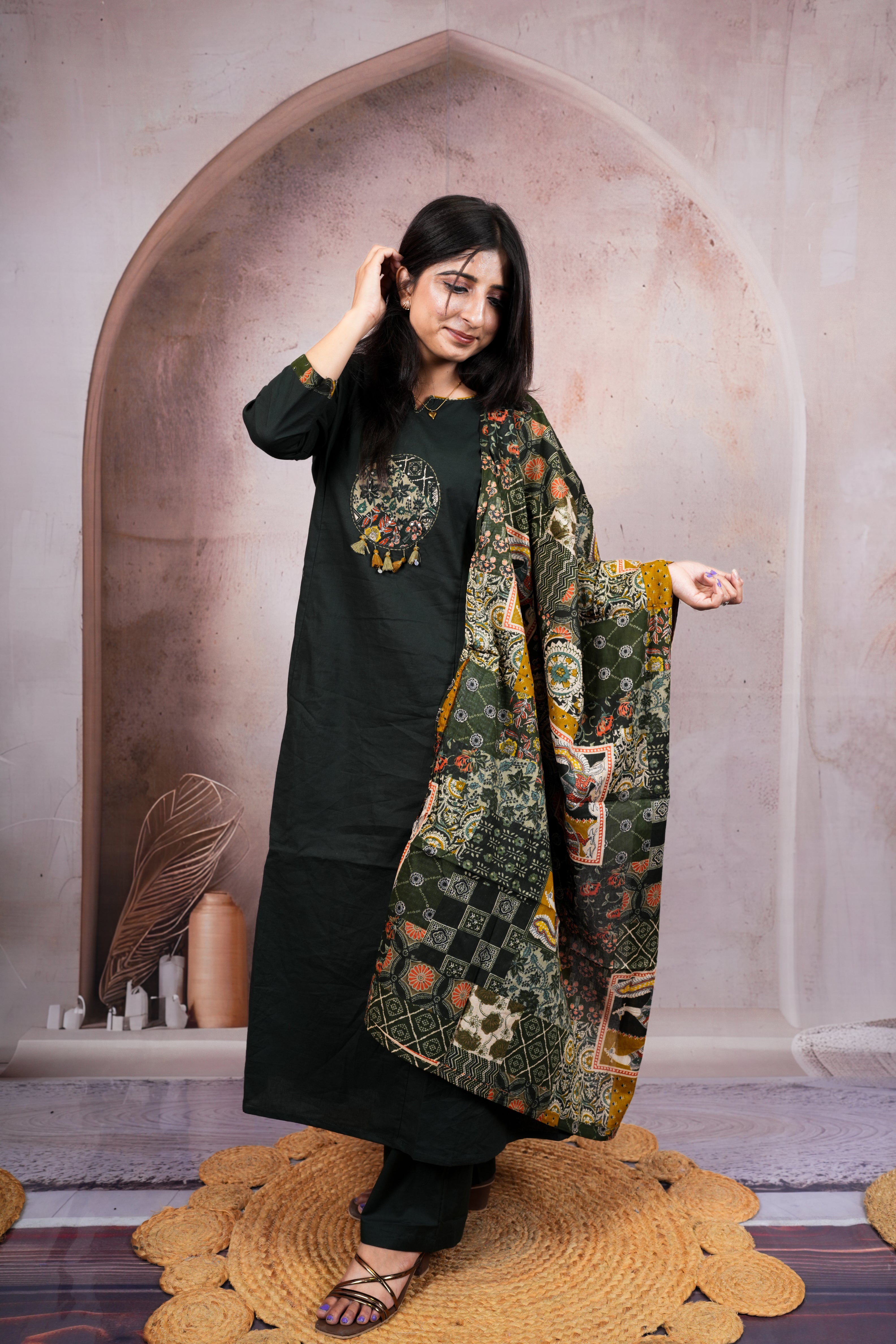 Deep Olive Green Pure Cotton Suit Set with Ajrakh Printed Dupatta