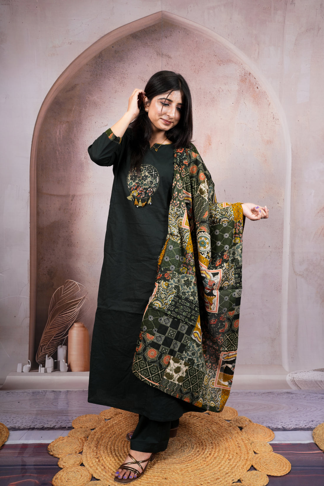 Deep Olive Green Pure Cotton Suit Set with Ajrakh Printed Dupatta