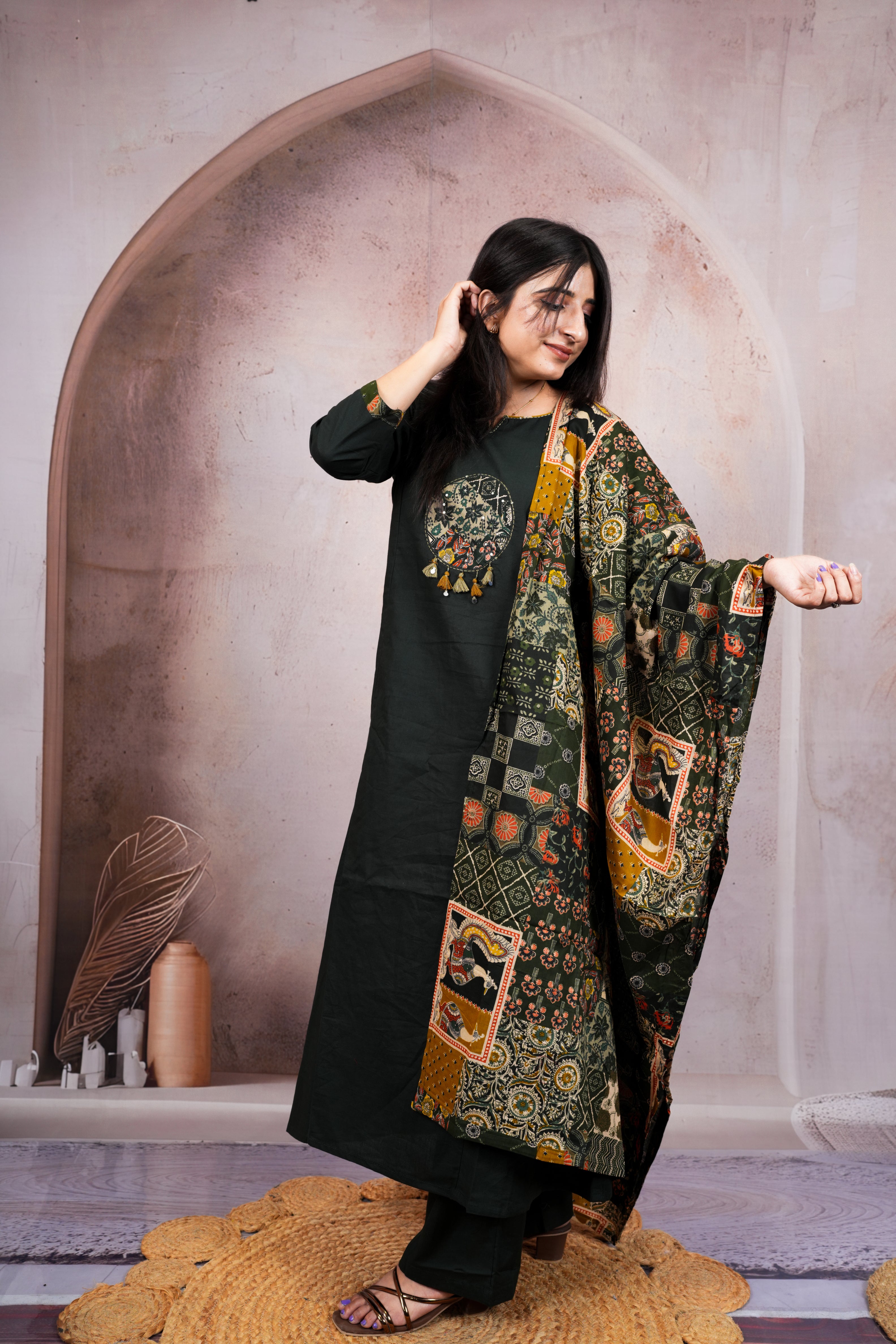 Deep Olive Green Pure Cotton Suit Set with Ajrakh Printed Dupatta