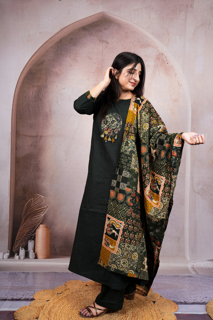Deep Olive Green Pure Cotton Suit Set with Ajrakh Printed Dupatta