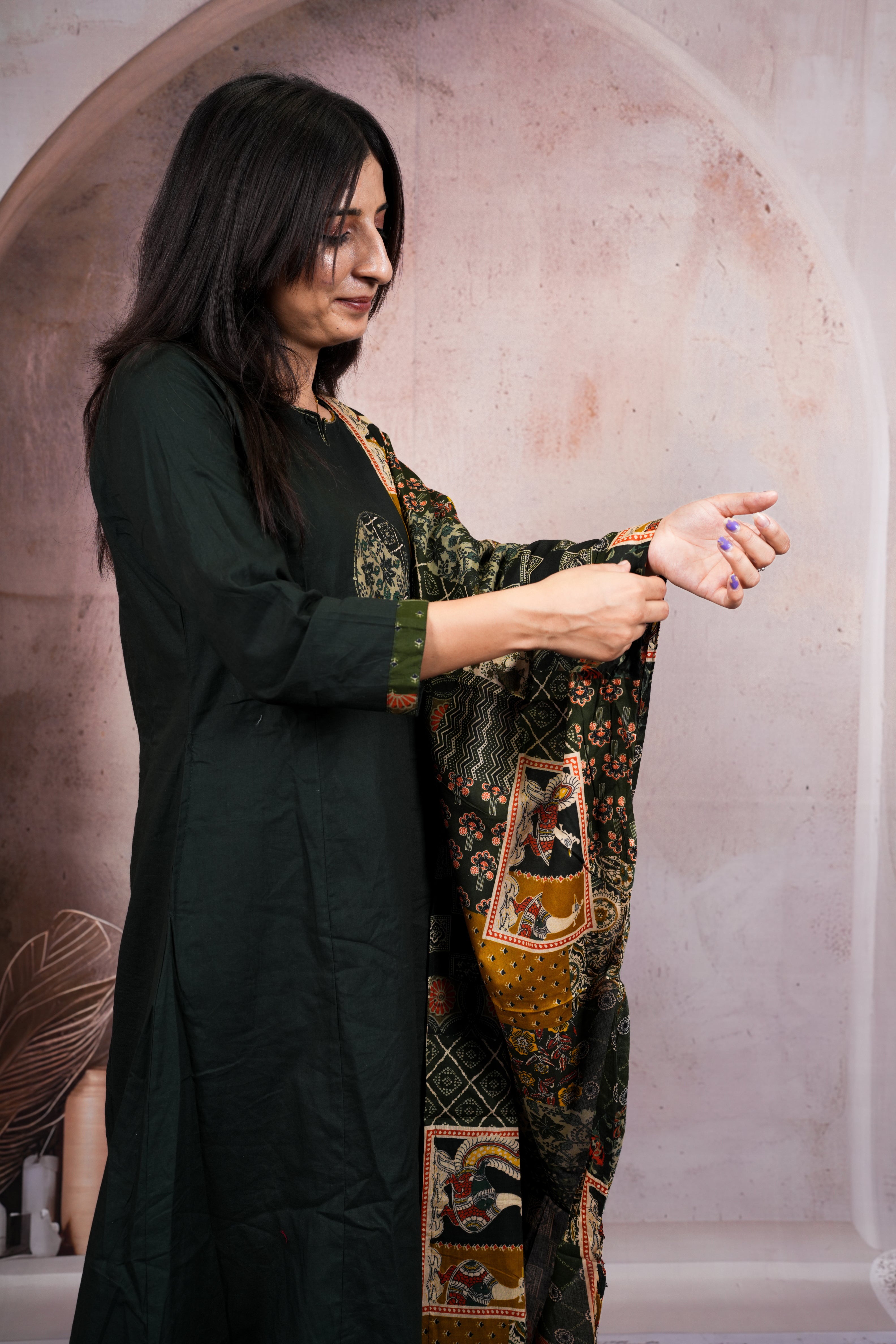 Deep Olive Green Pure Cotton Suit Set with Ajrakh Printed Dupatta