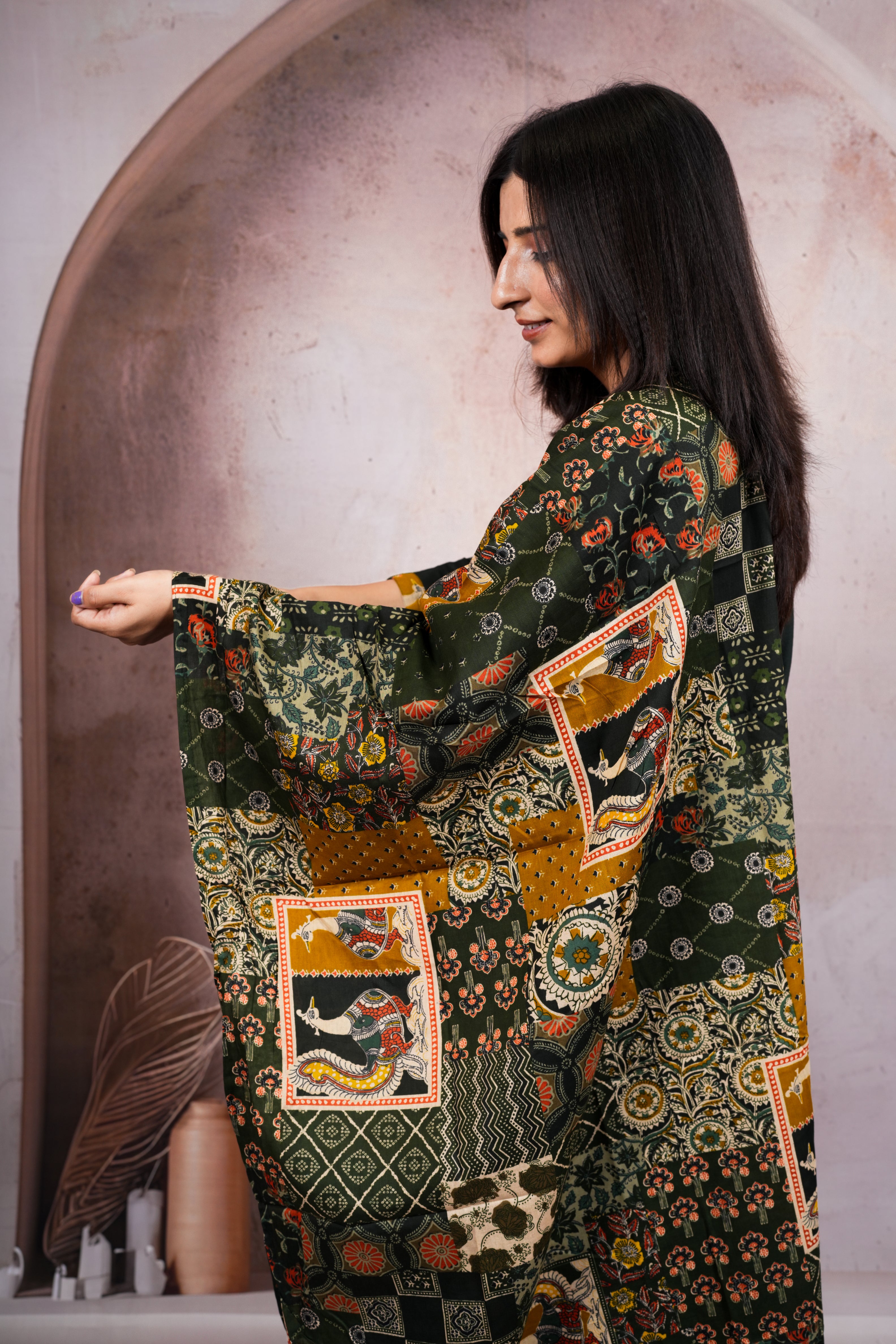 Deep Olive Green Pure Cotton Suit Set with Ajrakh Printed Dupatta