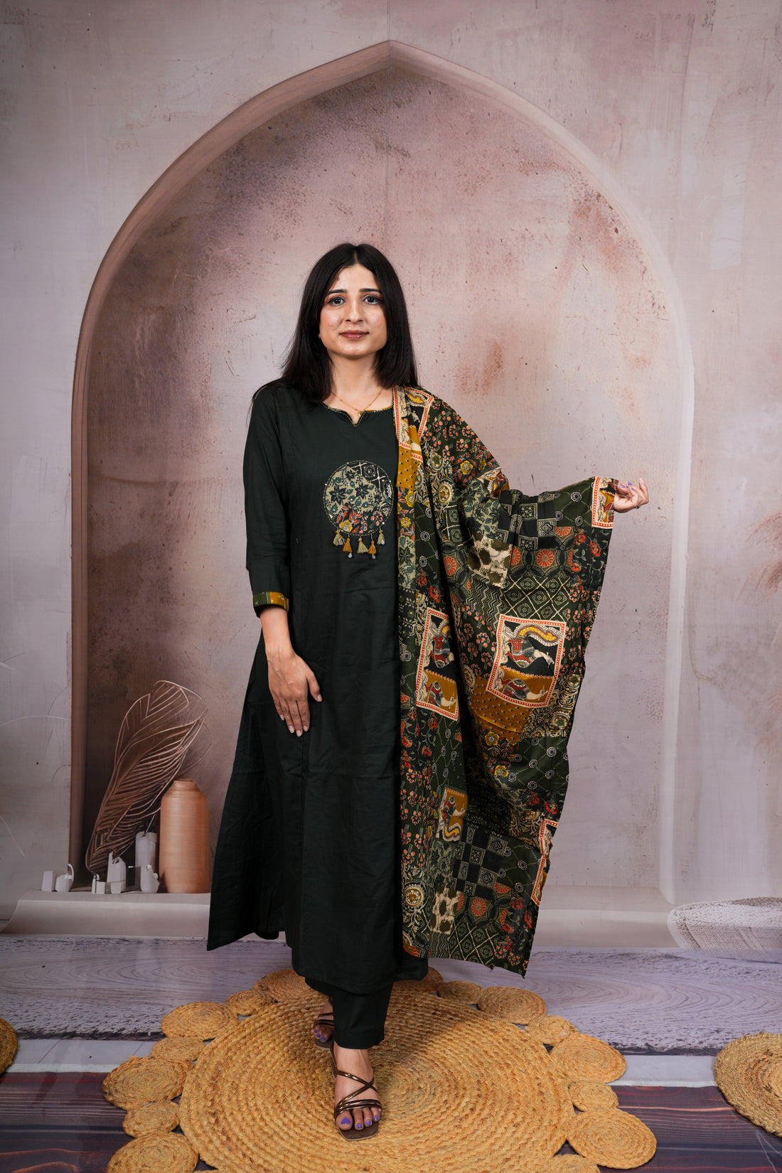 Deep Olive Green Pure Cotton Suit Set with Ajrakh Printed Dupatta