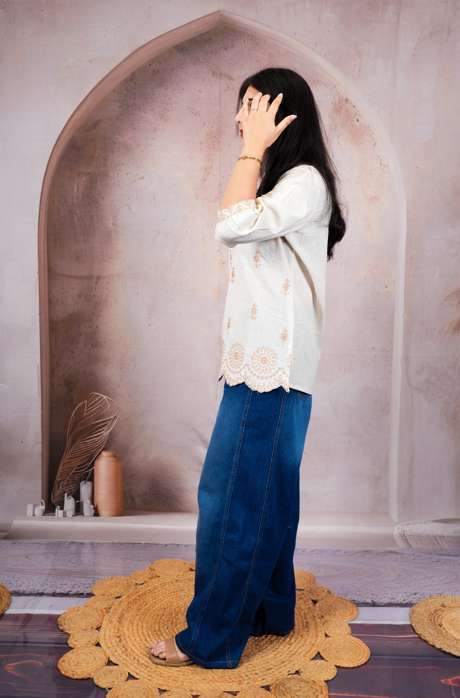 Off White Premium Khadi Cotton Kurti with Floral Thread Embroidery