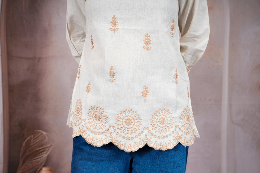 Off White Premium Khadi Cotton Kurti with Floral Thread Embroidery