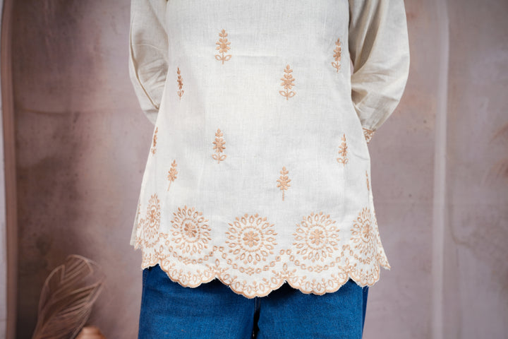 Off White Premium Khadi Cotton Kurti with Floral Thread Embroidery
