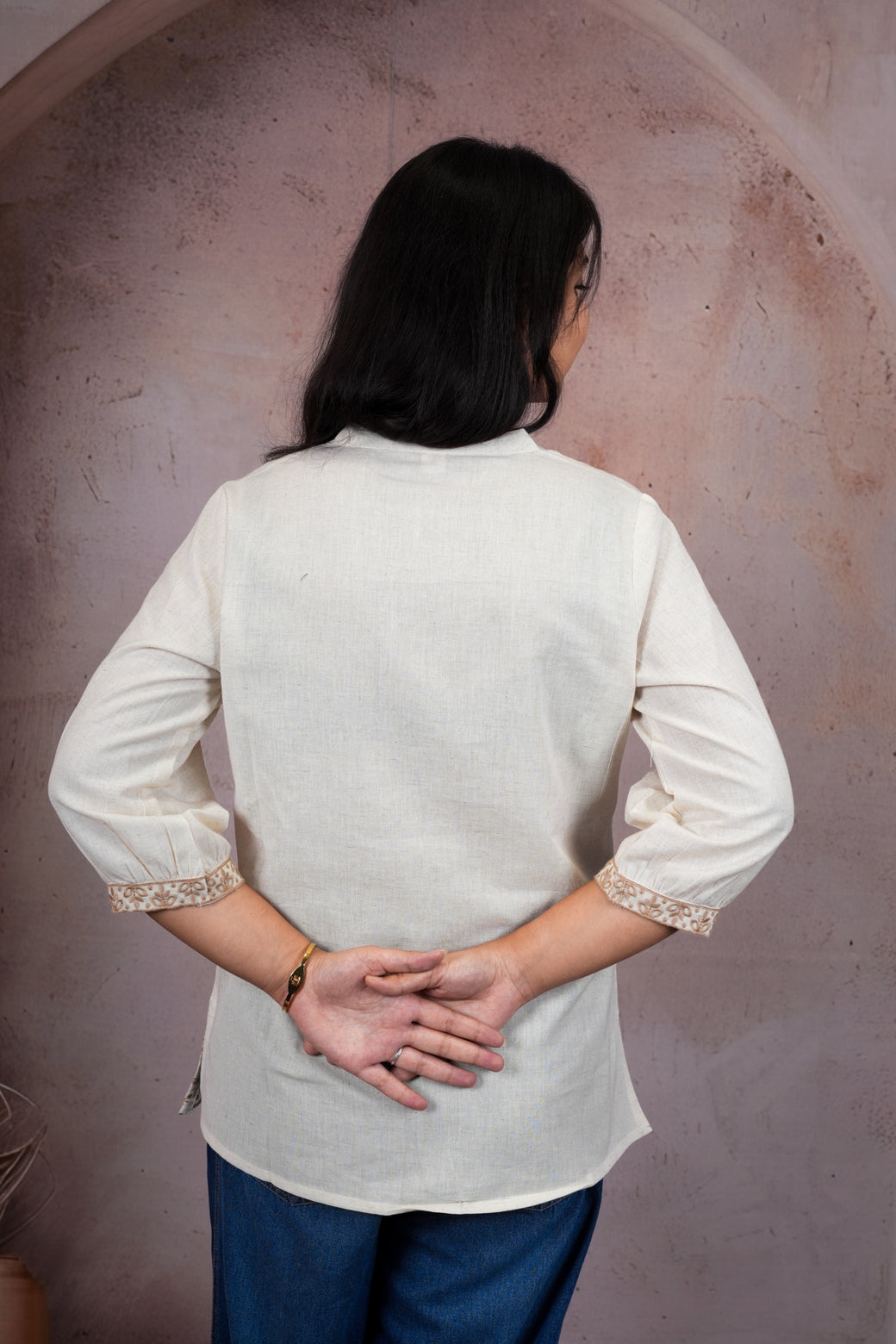 Off White Premium Khadi Cotton Kurti with Floral Thread Embroidery