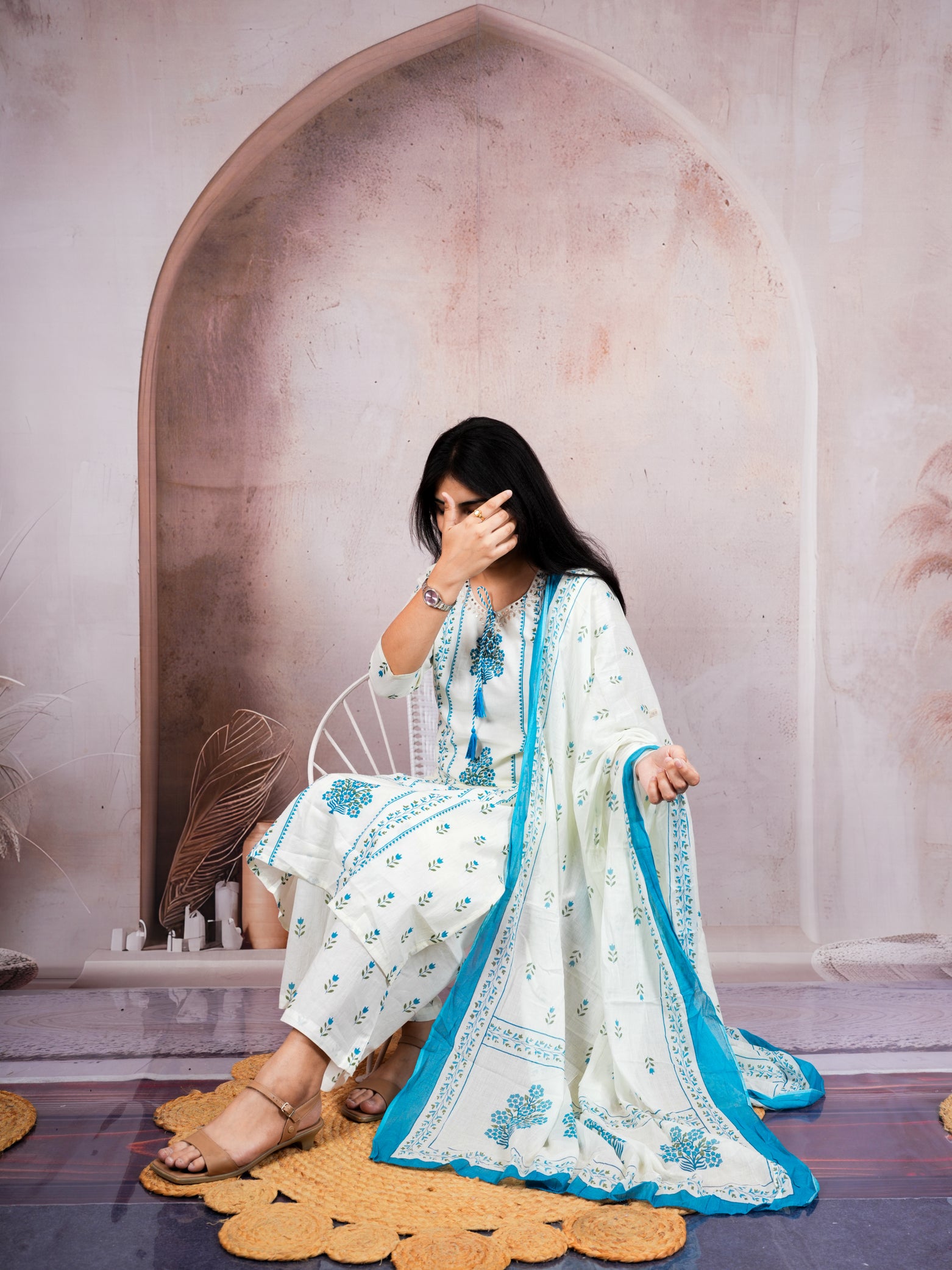 White Sky Blue Handblock Print Pure Cotton Suit Set