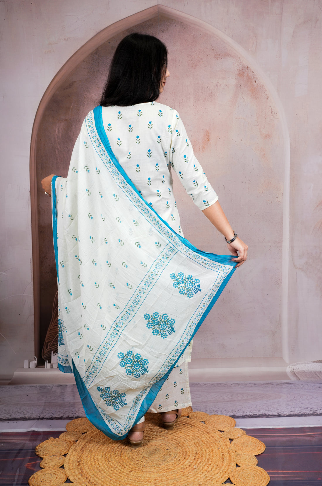 White Sky Blue Handblock Print Pure Cotton Suit Set