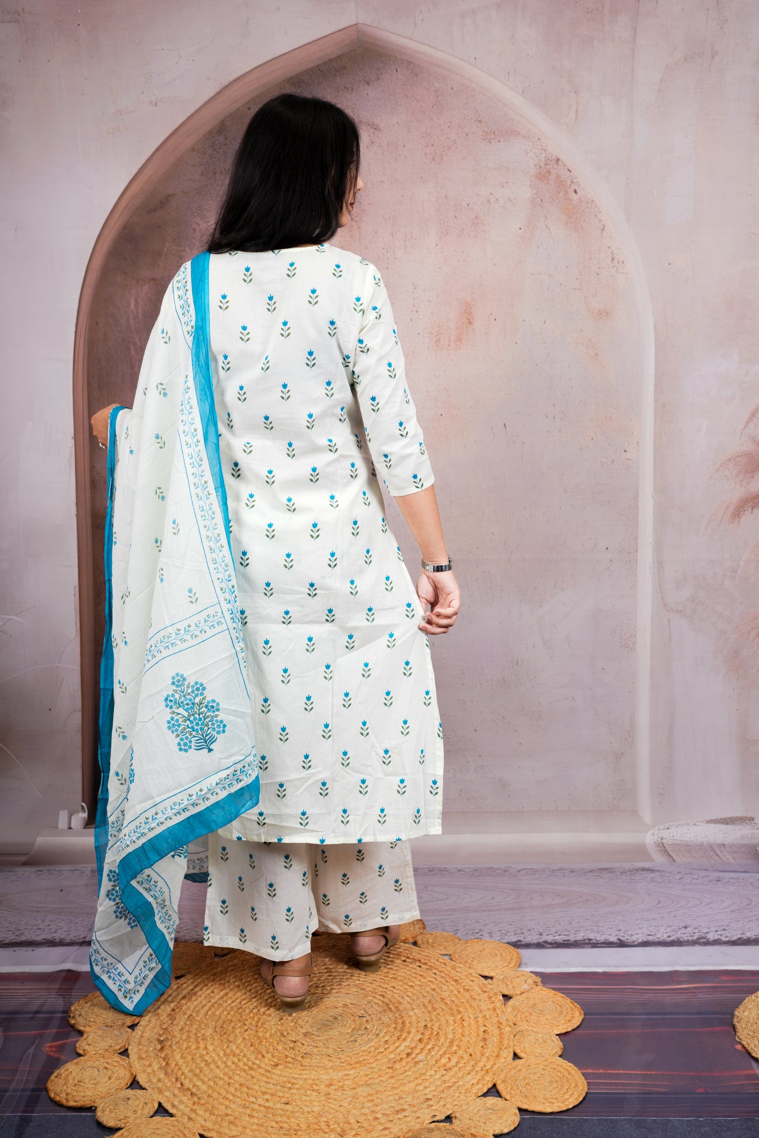 White Sky Blue Handblock Print Pure Cotton Suit Set