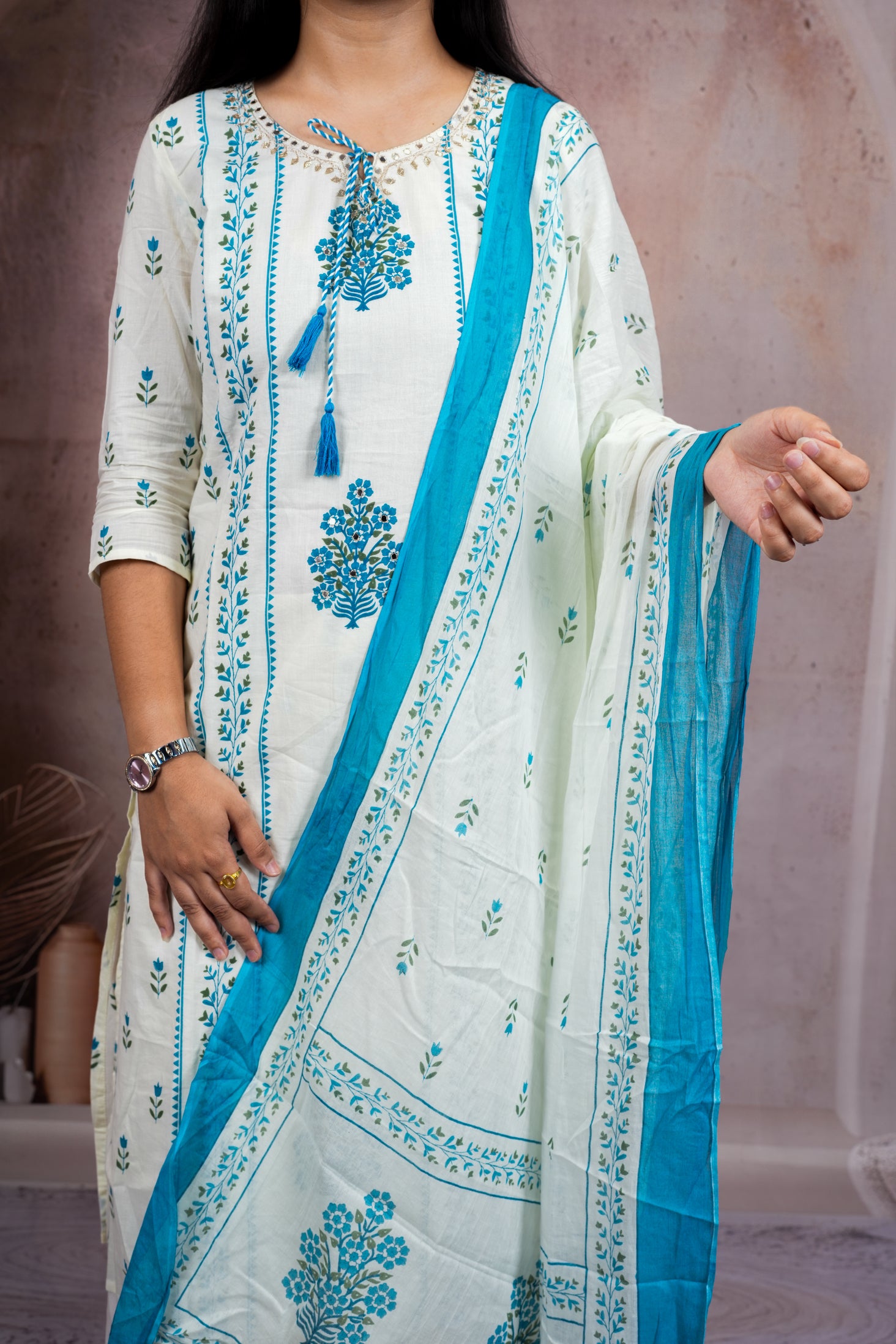 White Sky Blue Handblock Print Pure Cotton Suit Set