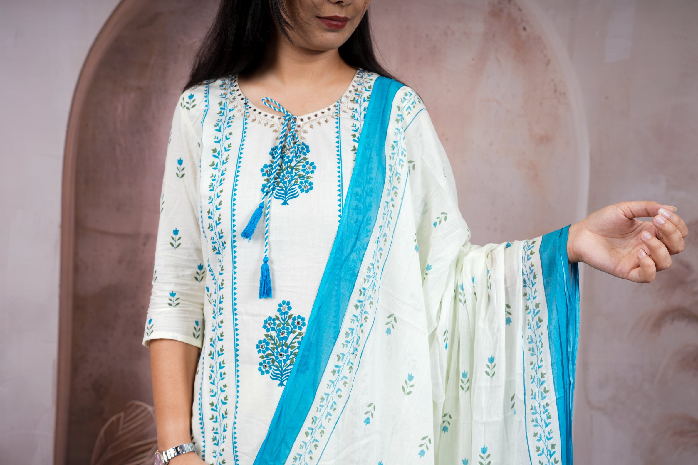 White Sky Blue Handblock Print Pure Cotton Suit Set