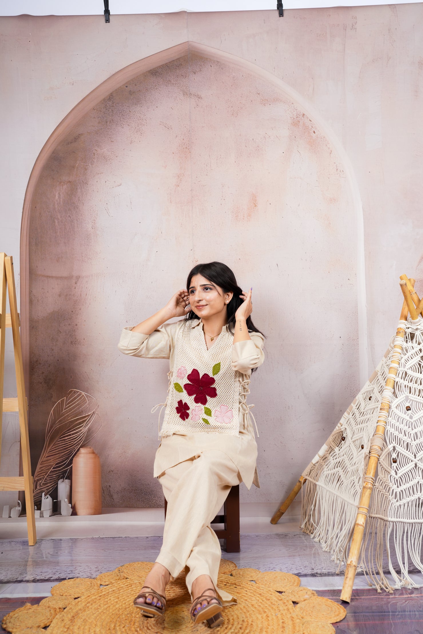 Ivory Handcrafted Floral Appliqué Pure Cotton Co-Ord Set