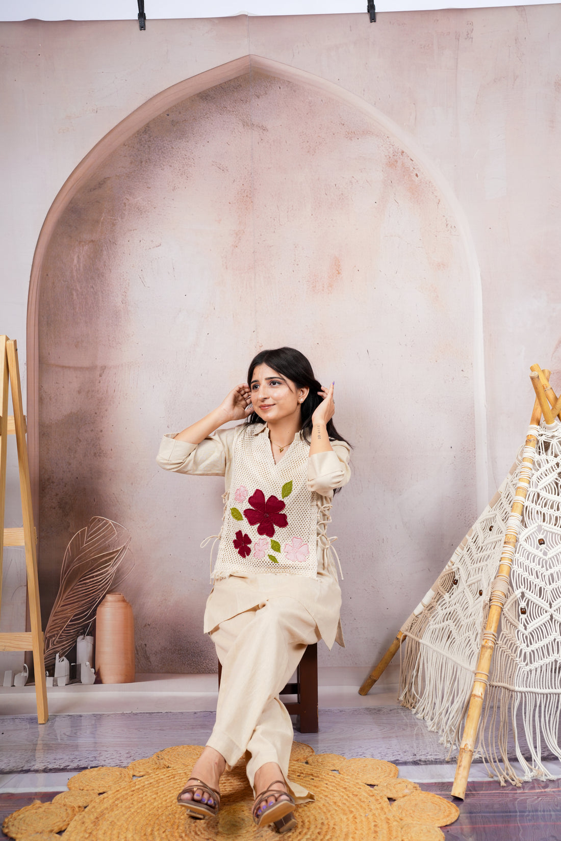 Ivory Handcrafted Floral Appliqué Pure Cotton Co-Ord Set