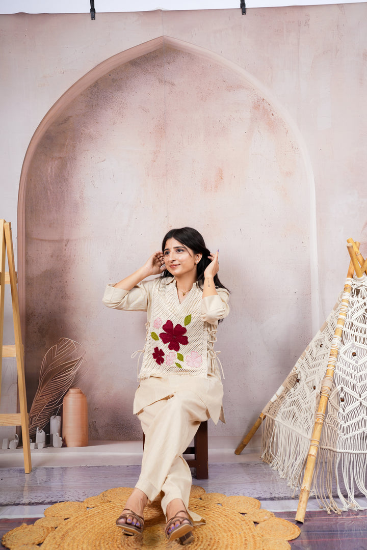 Ivory Handcrafted Floral Appliqué Pure Cotton Co-Ord Set