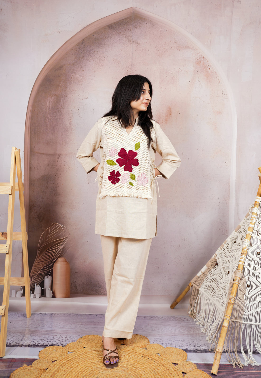 Ivory Handcrafted Floral Appliqué Pure Cotton Co-Ord Set