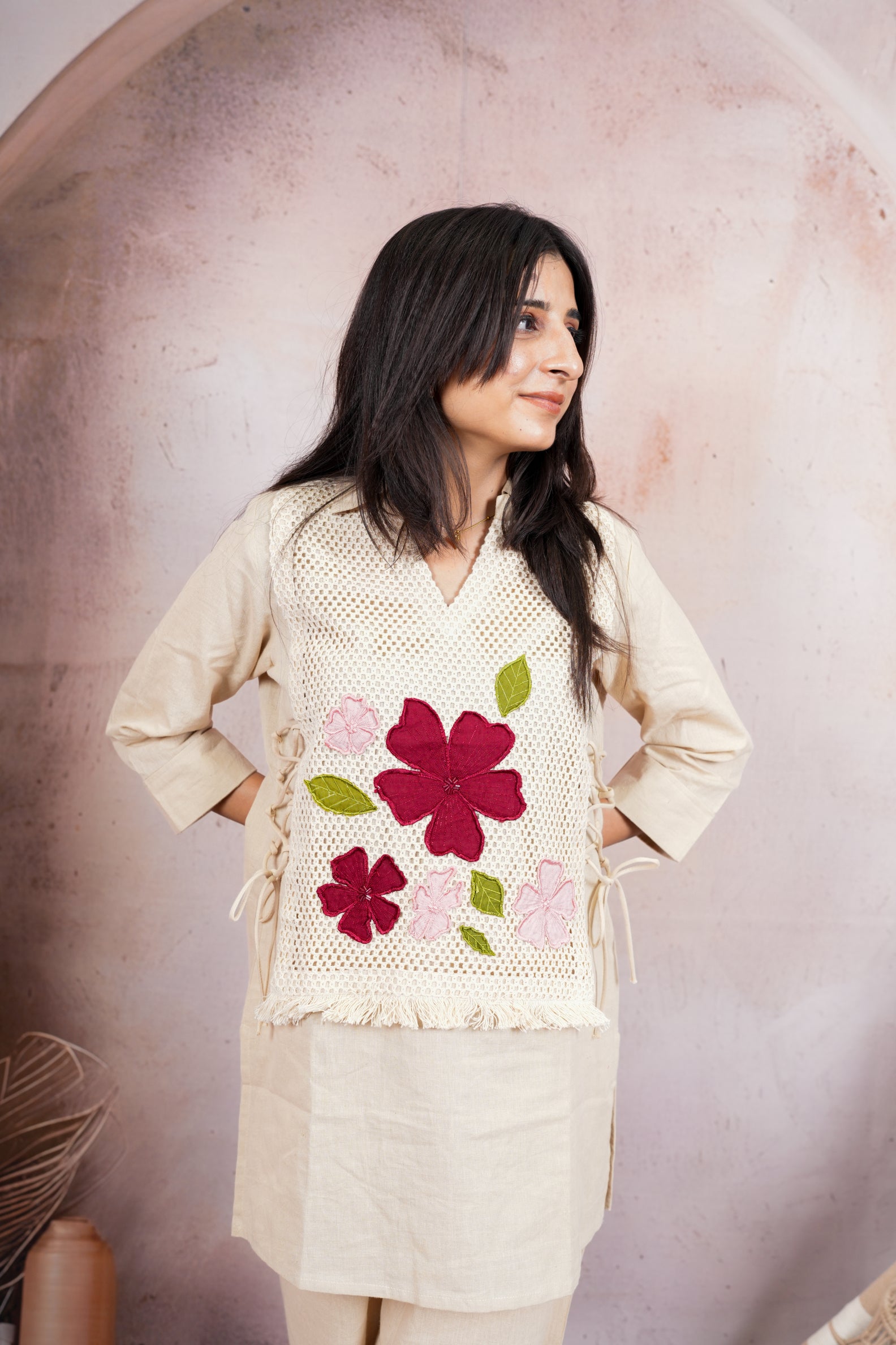 Ivory Handcrafted Floral Appliqué Pure Cotton Co-Ord Set