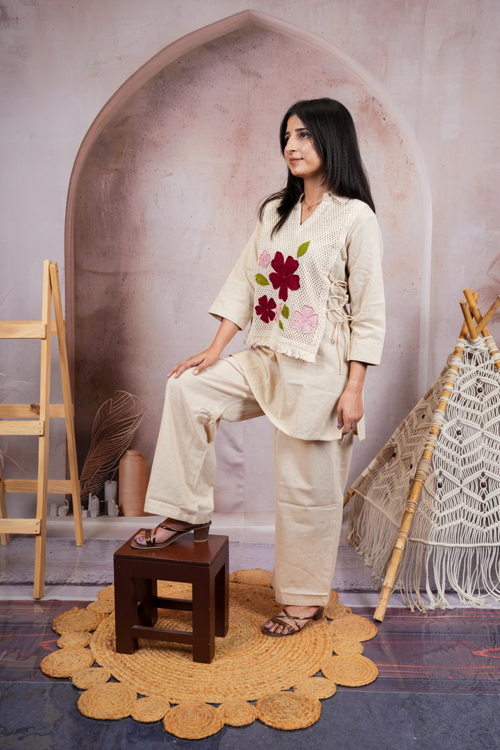 Ivory Handcrafted Floral Appliqué Pure Cotton Co-Ord Set