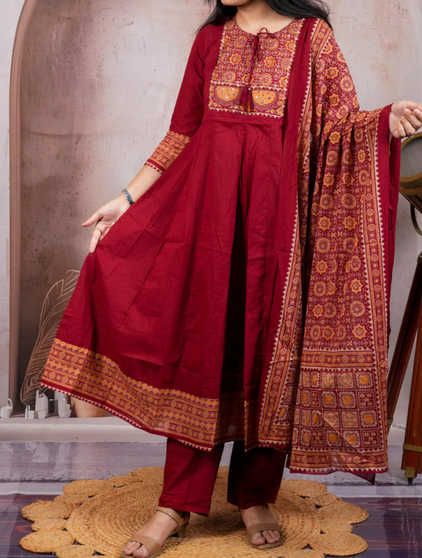 Maroon Flared Anarkali Suit Set with Ajrakh Print Dupatta
