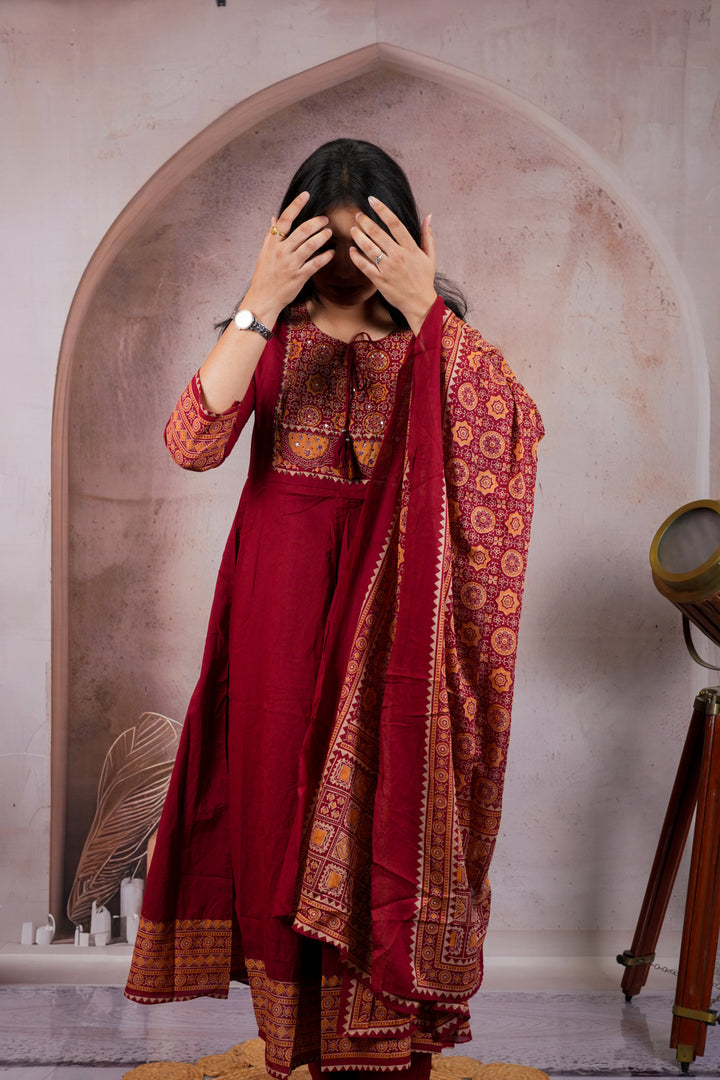 Maroon Flared Anarkali Suit Set with Ajrakh Print Dupatta