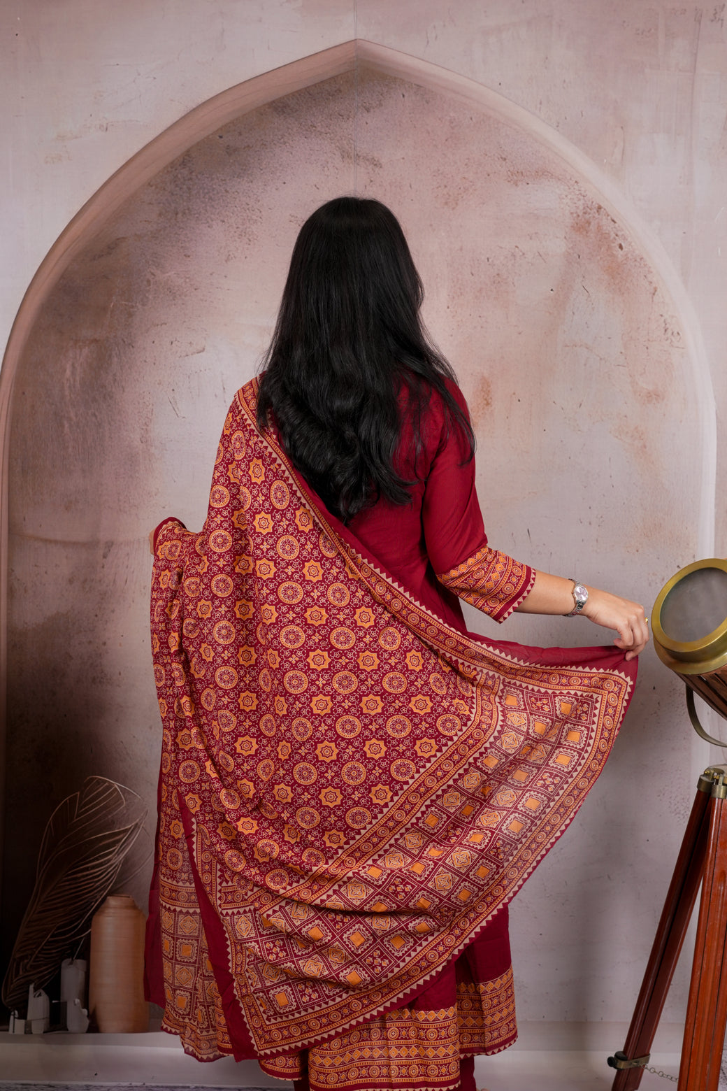 Maroon Flared Anarkali Suit Set with Ajrakh Print Dupatta